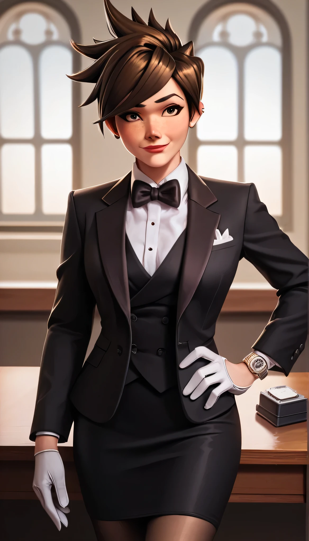 score_9, score_8_up, score_7_up, score_6_up, source_anime, three-piece suit, tracer, 1girl, solo, brown hair, short hair, freckles, smile, pretty, formal, jewelry, black suit, tuxedo, black silk bowtie, earrings, jacket, shirt, standing, hand on hip, window, watch, black silk jacket, wristwatch, white dress shirt, red lips, black skirt, shiny lapek, white gloves, makeup, black pantyhose, cufflinks, black lapel trim, brown eyes,,High Resolution, Blush, hand on desk,