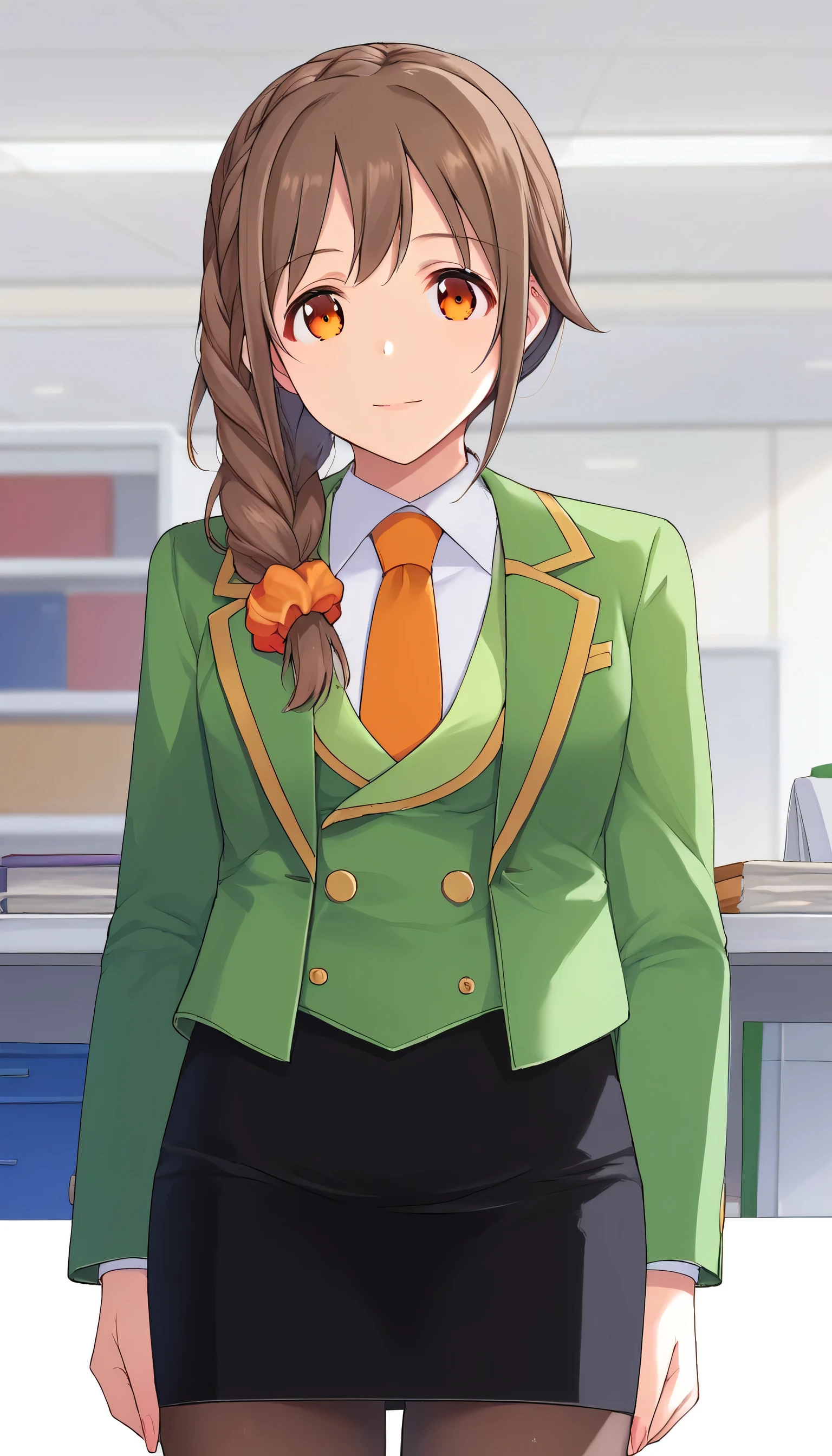 score_9, score_8_up, score_7_up, source_anime, best quality, masterpiece, office,
human, solo, sosenkawa chihiro, cosChihhi, brown hair, orange eyes, side braid, red scrunchie, green jacket, black pantyhose,  black pencil skirt, yellow necktie, three-piece suit, blazer, waistcoat, double-breasted suit jacket
