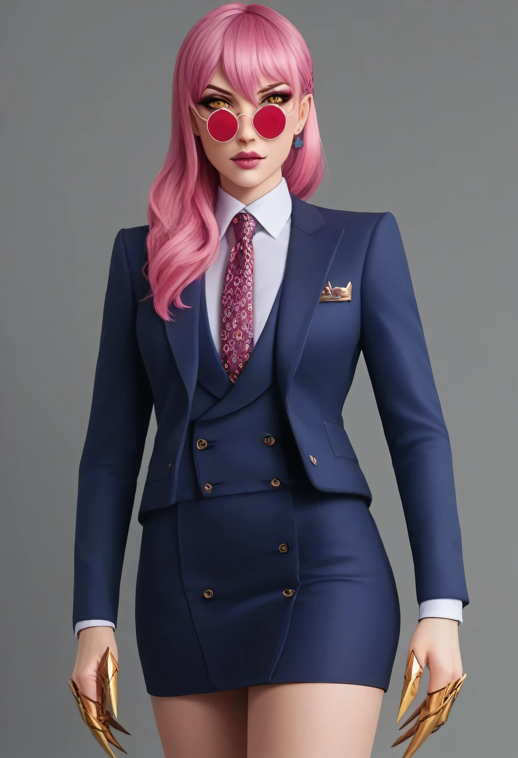 score_9, score_8_up, score_7_up, masterpiece, high quality,  1girl, long hair, pink hair, yellow eyes, makeup, hair over shoulder, three-piece suit, suit jacket, waistcoatk dress shirt, necktie, skirt, long sleeves, golden claws, pink-tinted eyewear, round eyewear, standing, dark, torches, 