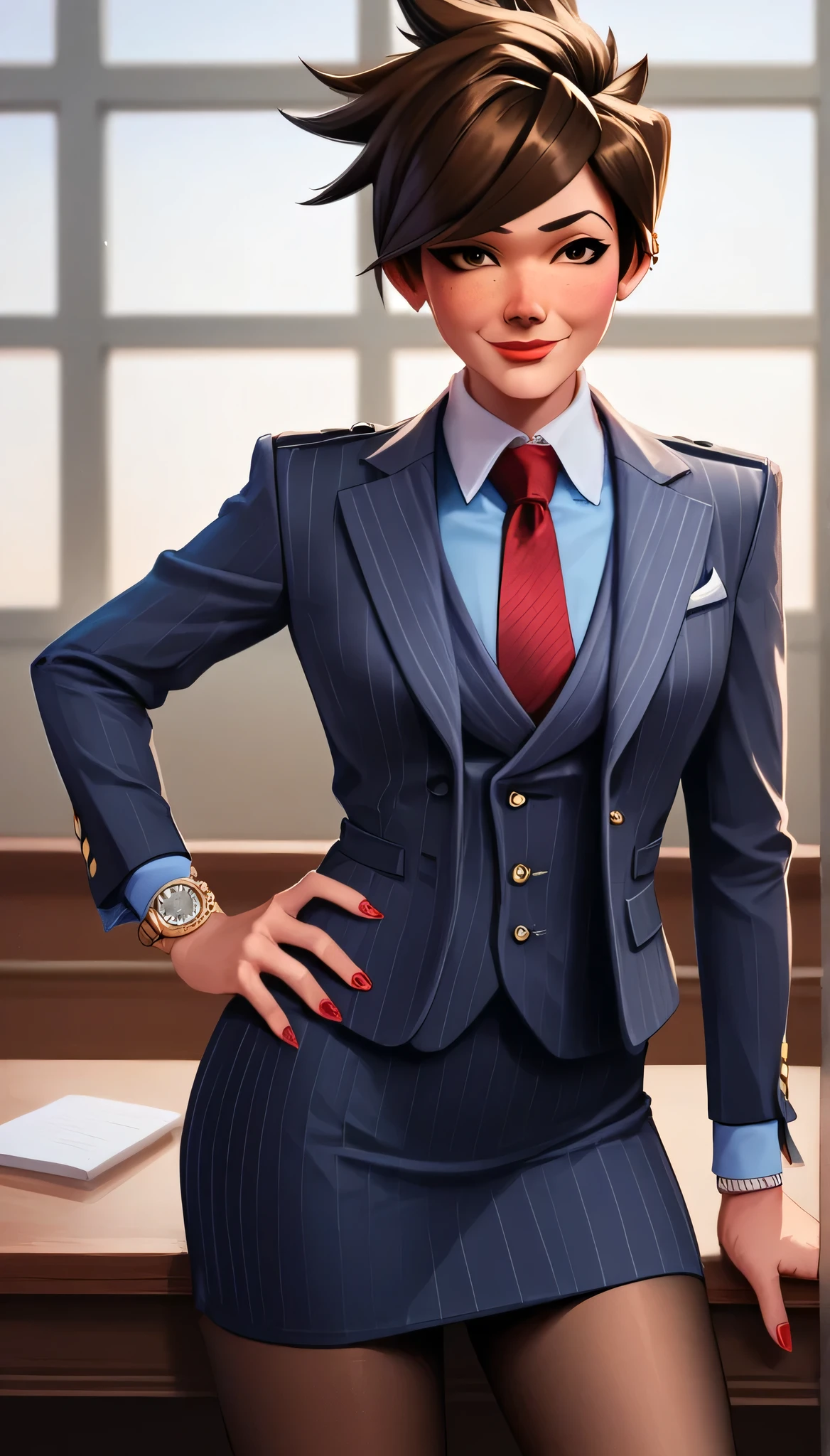 score_9, score_8_up, score_7_up, score_6_up, source_anime,  three-piece suit, tracer, 1girl, solo, brown hair, short hair, freckles, smile, pretty, formal, jewelry, navy pinstripe suit, red silk necktie, earrings, jacket, shirt, standing, hand on hip, window, black eyes, watch, navy pinstripe jacket, wristwatch, light blue shirt with white collar, red lips, navy pinstripe skirt, makeup, black pantyhose, cufflinks, black lapel trim, brown eyes, red nails,High Resolution, Blush, hand on desk, 