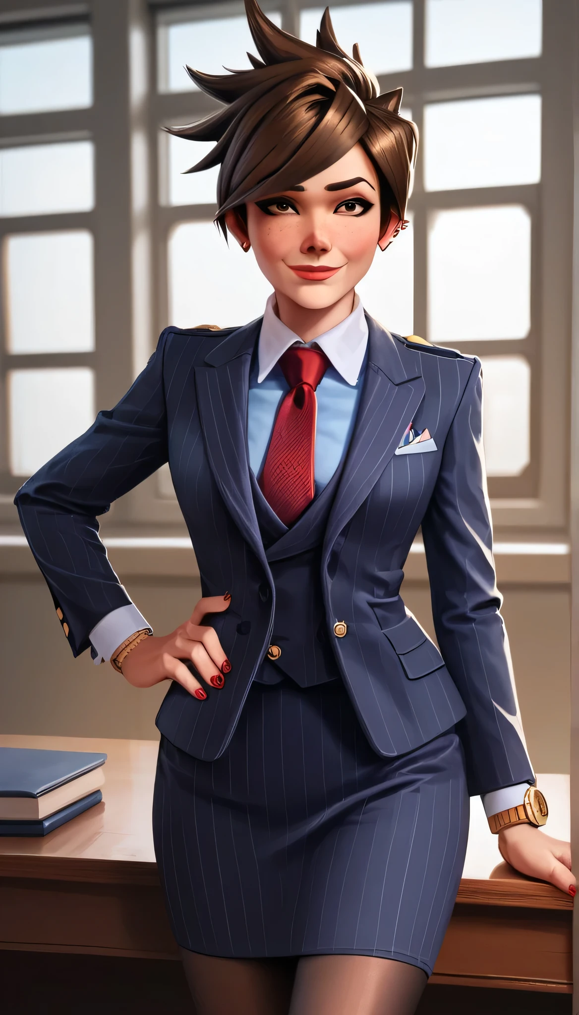 score_9, score_8_up, score_7_up, score_6_up, source_anime,  three-piece suit, tracer, 1girl, solo, brown hair, short hair, freckles, smile, pretty, formal, jewelry, navy pinstripe suit, red silk necktie, earrings, jacket, shirt, standing, hand on hip, window, black eyes, watch, navy pinstripe jacket, wristwatch, light blue shirt with white collar, red lips, navy pinstripe skirt, makeup, black pantyhose, cufflinks, black lapel trim, brown eyes, red nails,High Resolution, Blush, hand on desk, 