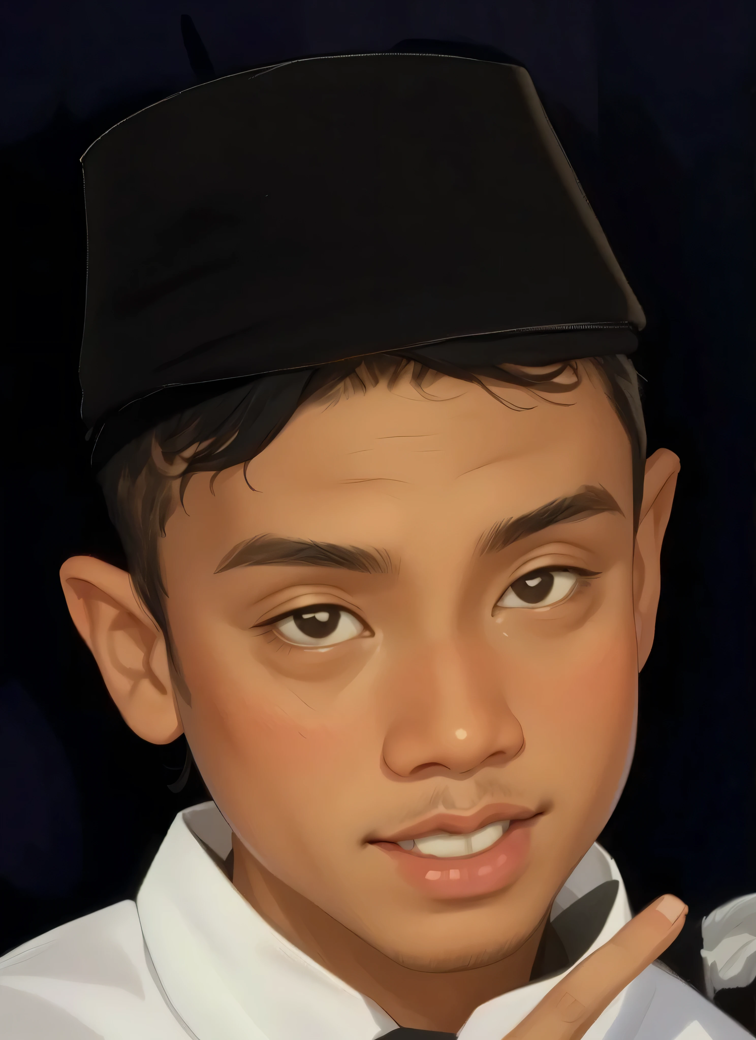 arafed boy , in a black hat kopyah, muslim, and making a peace sign, reyyan, riyahd cassiem, ayan nag, raden saleh, old picture, young commoner, inspired by Basuki Abdullah, ramil sunga, close up potrait, ismail, potrait, mid shot portrait, inspired by I Ketut Soki, mohamed chahin