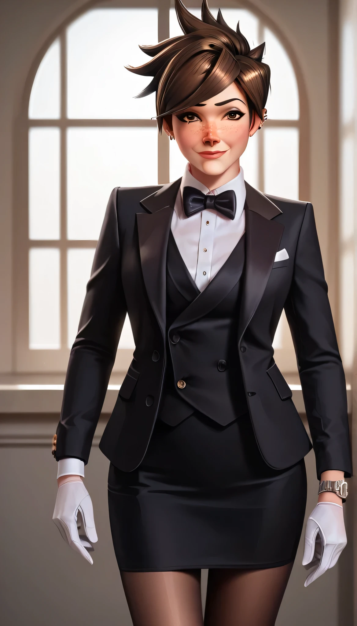 score_9, score_8_up, score_7_up, score_6_up, source_anime,  three-piece suit, tracer, 1girl, solo, brown hair, short hair, freckles, smile, pretty, formal, jewelry, black suit, tuxedo, black silk bowtie, earrings, jacket, shirt, standing, window, watch, red silk jacket, black lapel, wristwatch, white dress shirt, red lips, black skirt, shiny lapek, white gloves, makeup, black pantyhose, cufflinks, black lapel trim, brown eyes,,High Resolution, Blush, tightening bowtie