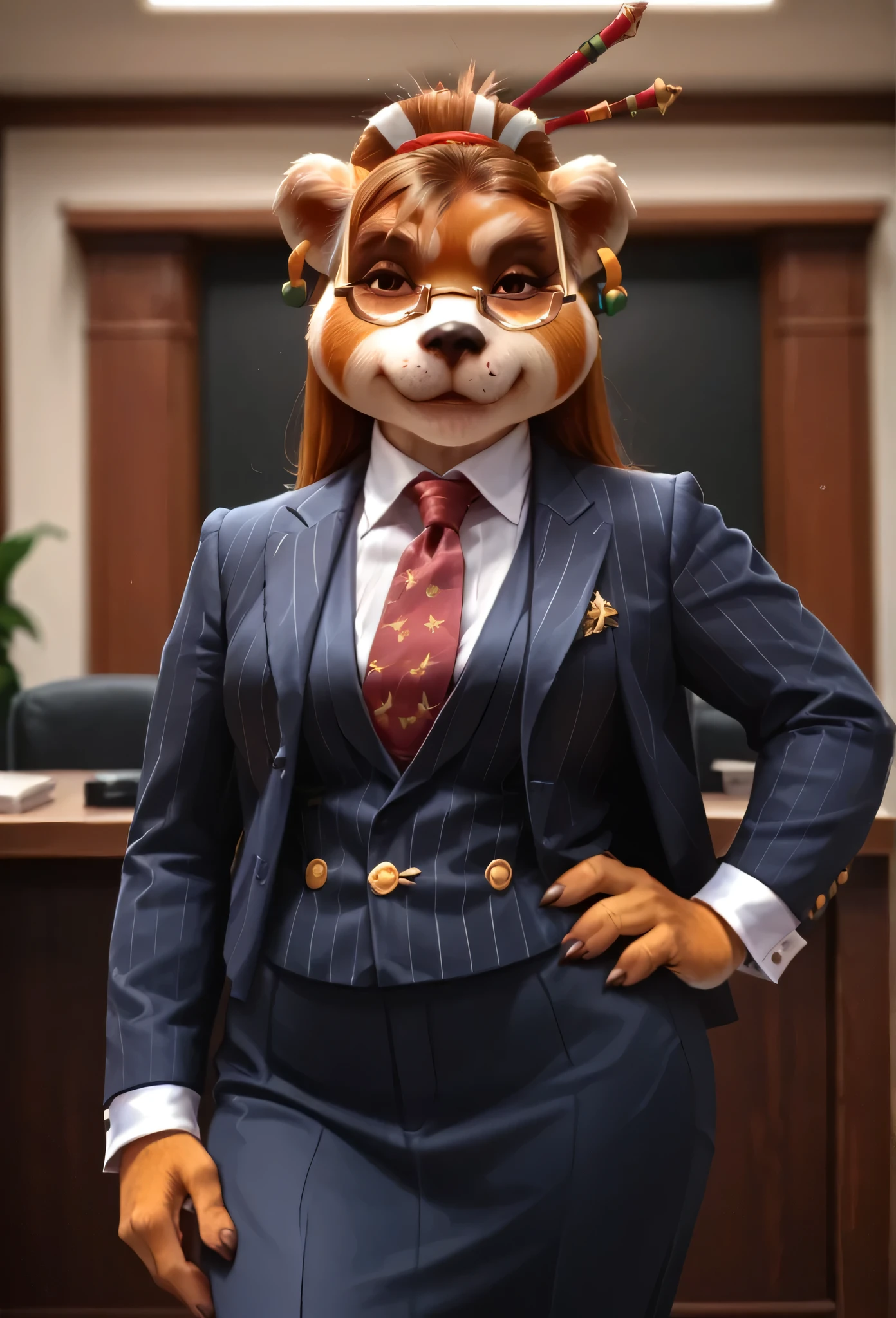 score_9, score_8_up, score_7_up, score_6_up, score_5_up, score_4_up, 1girl, , furry, animal ears, brown hair, brown eyes, earrings, jewelry, hair ornament, glasses, hair stick, three-piece suit, 1girl, formal, jewelry, suit, red striped necktie, waistcoat, navy pinstripe jacket, light blue shirt with white collar, shirt, smirk, smug, cufflinks, looking at viewer, close up, office background, superior, boss lady, hand on hip, portrait, looking down nose, sassy, fixing tie