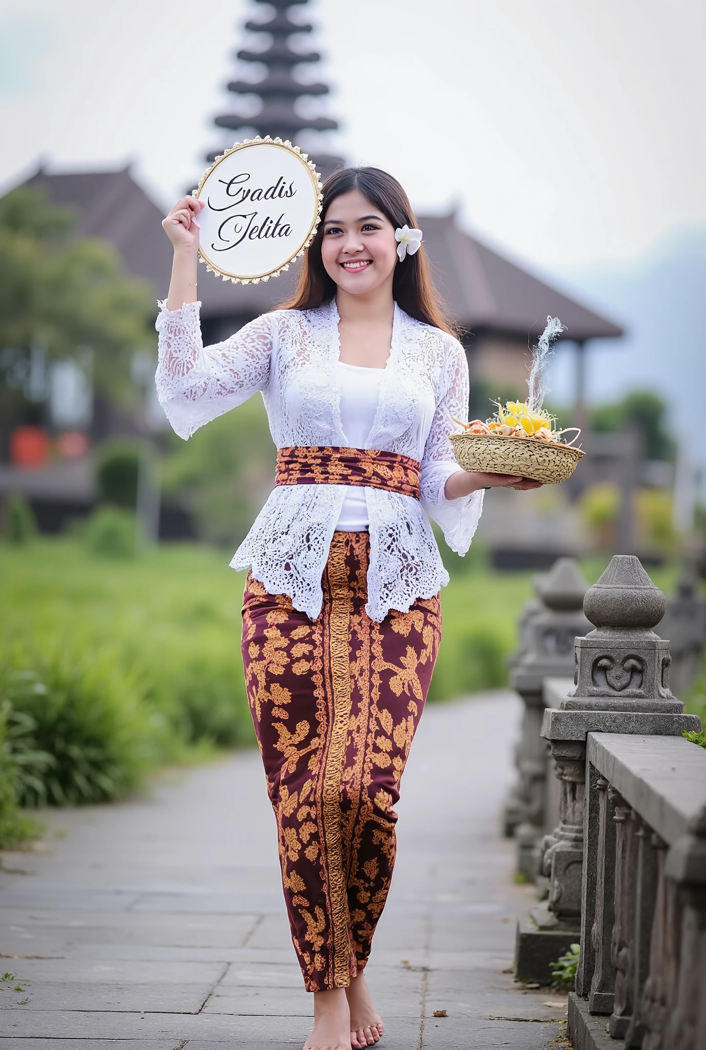 (masterpiece, best quality:1.2), 1girl, Alone, flower, kebaya_Bali, white_kebaya_bali, stands on bridge, smiling, Bali temple background, beach, holding sign with text "Gadis Jelita"
