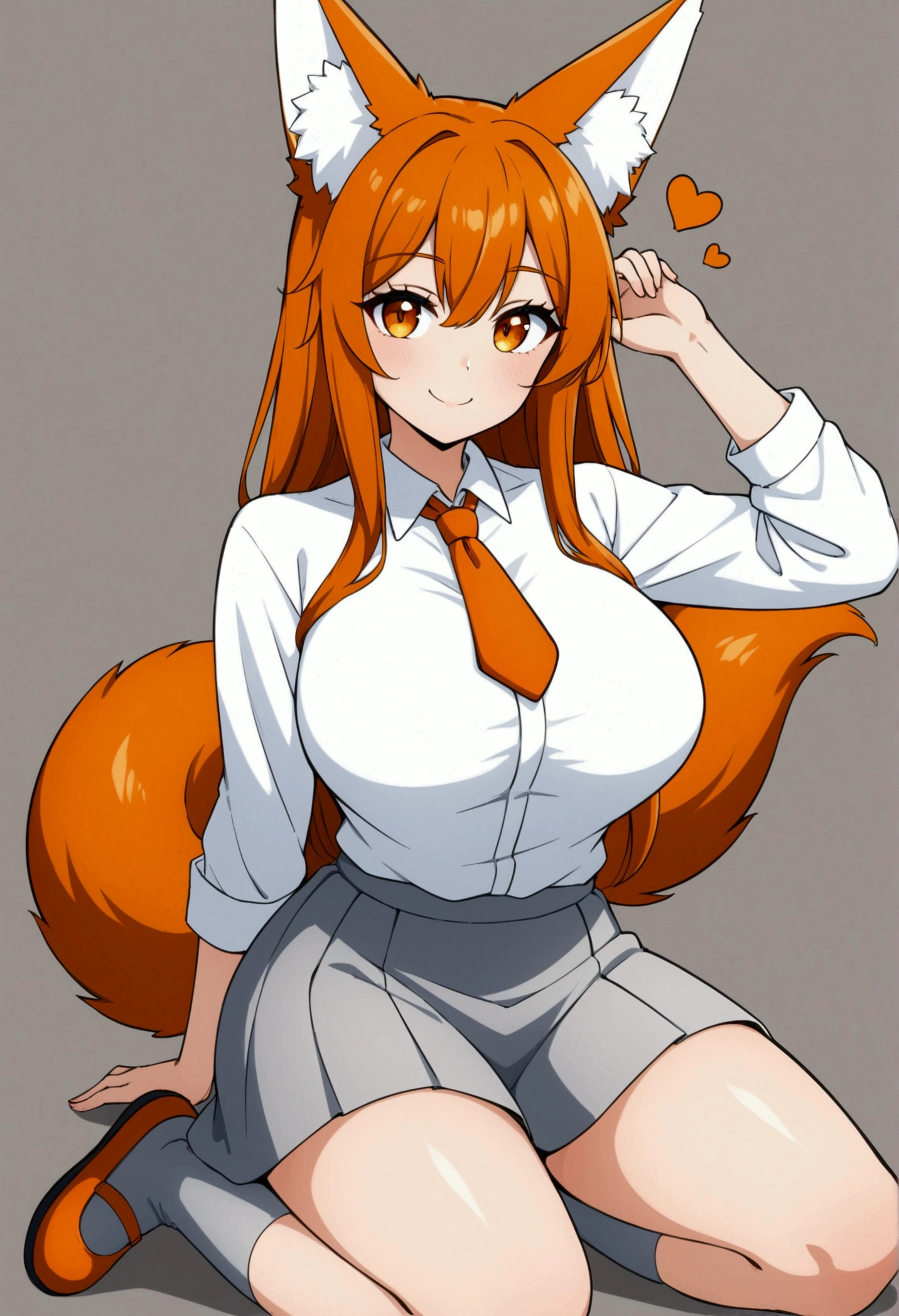 1 girl, long ginger hair, fox ears, only fox ears, crimson eyes, detailed deep eyes, very detailed face, huge breasts, sexy and seductive, wearing school uniform, skirt, tall, long nine fox tails, thicc thighs, wide hips, smile, horny, absurdes, high res, ultra sharp, 8k, masterpiece, looking at viewer