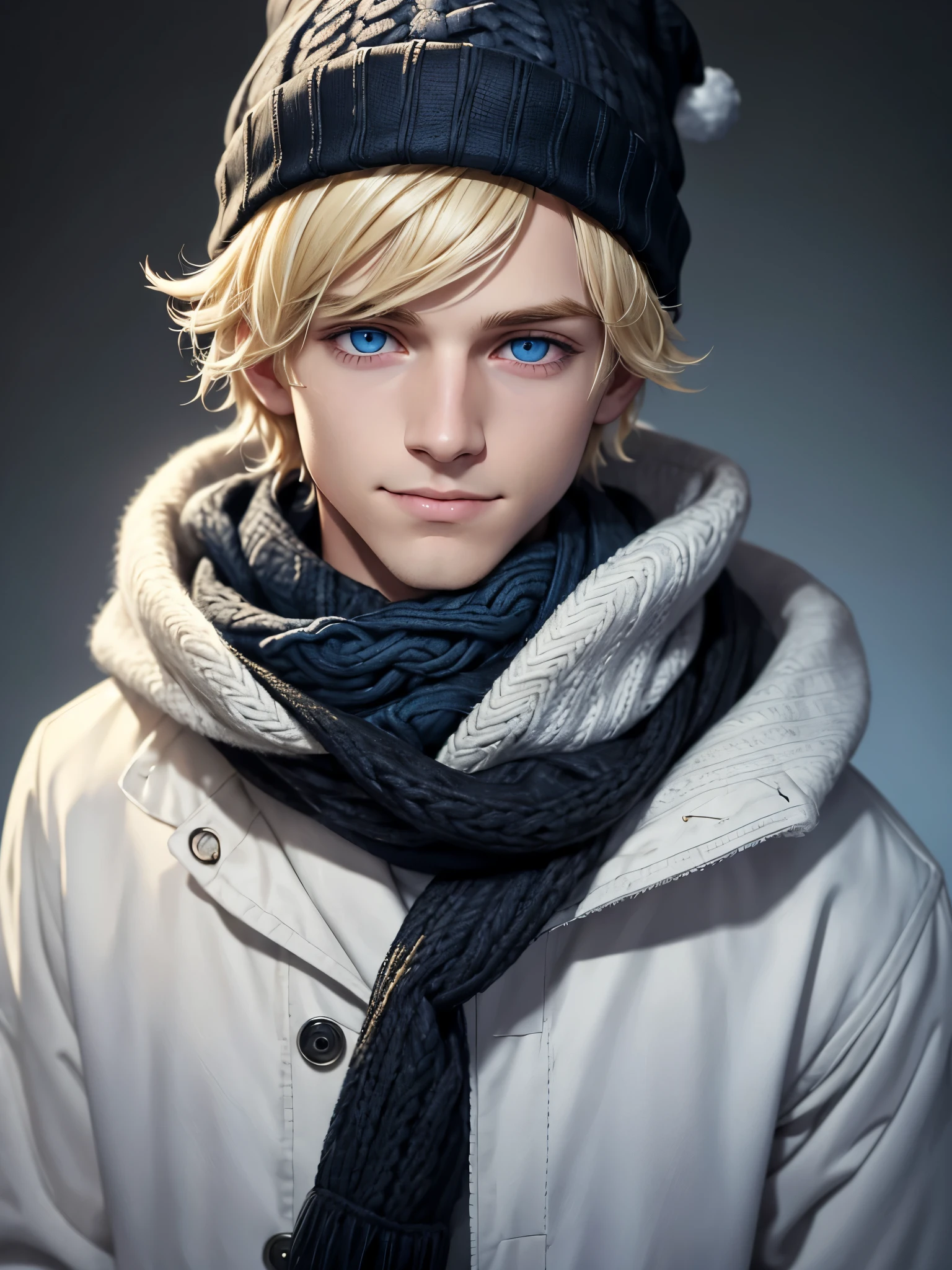 (best quality), 1boy, young boy, pale skin, (blonde hair), ((black ombre)), short hair, messy hair, messy bangs, hair over eyes, (dark blue eyes), perfect eyes, dark circles under eyes, scar over lip, scrawny body, smile, knit hat, scarf, christmas sweater, winter, masterpiece, anatomically correct, highres
