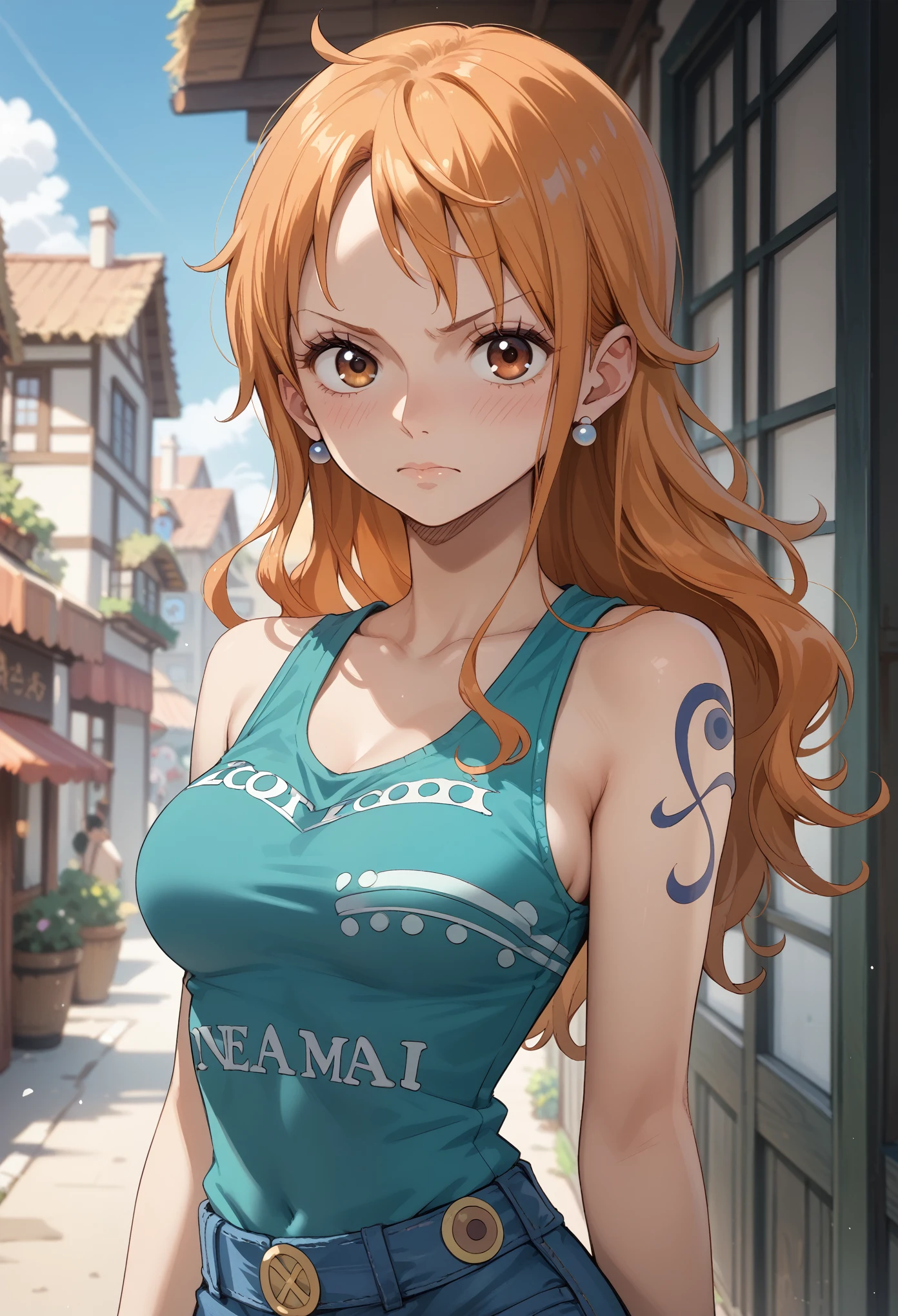 1 girl, 20-year-old,  blush, medium breasts, sleeveless, nami from one piece 