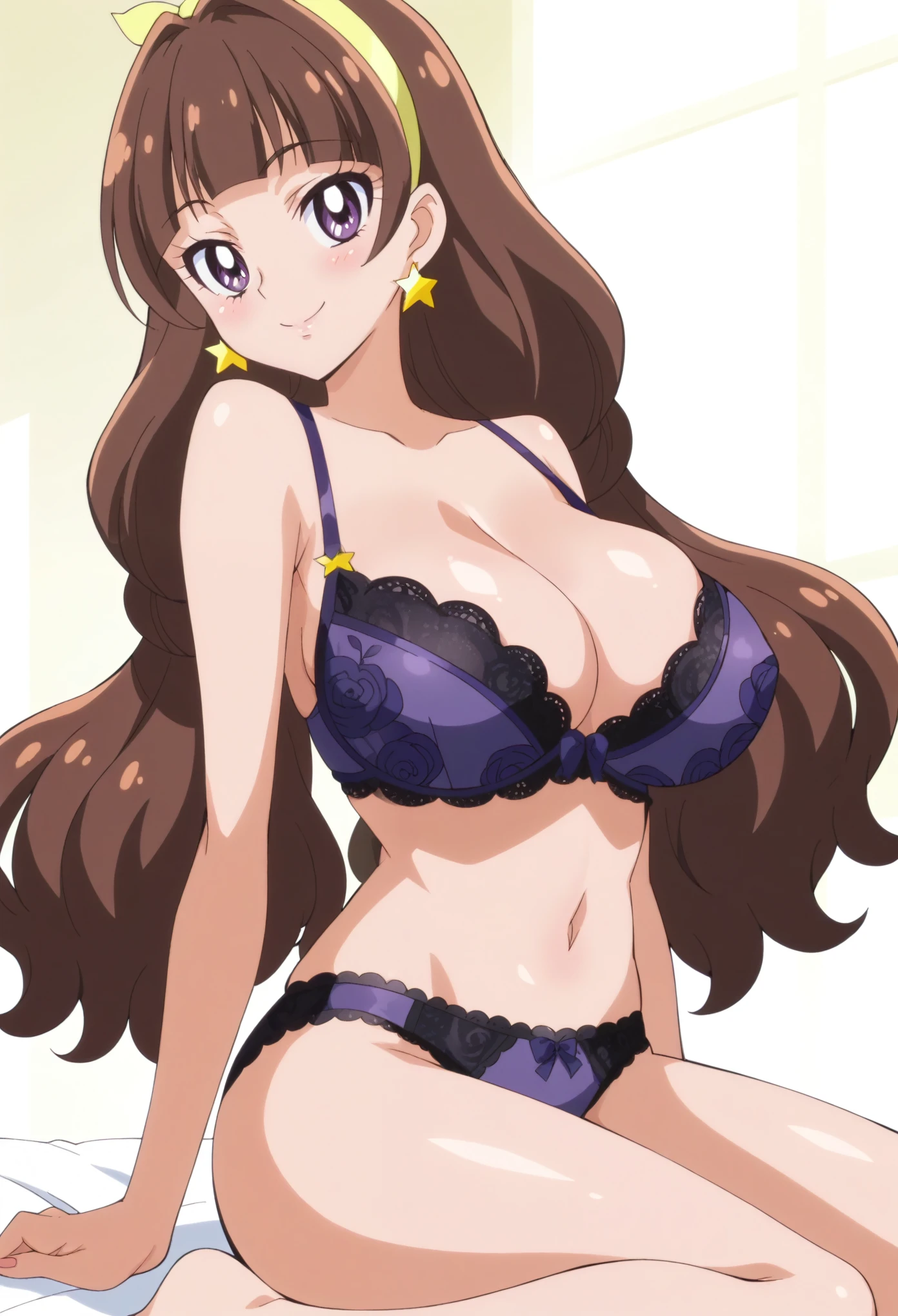 kirara, score_9, score_8_up, score_7_up, source_anime, anime coloring, anime screencap, flat color, megami magazine, shiny skin, 1girl, huge breasts, cleavage, lace bra, lace panties, solo, looking at viewer, blush, seductive smile, naughty face, closed mouth, bedroom, sitting, wariza, from side