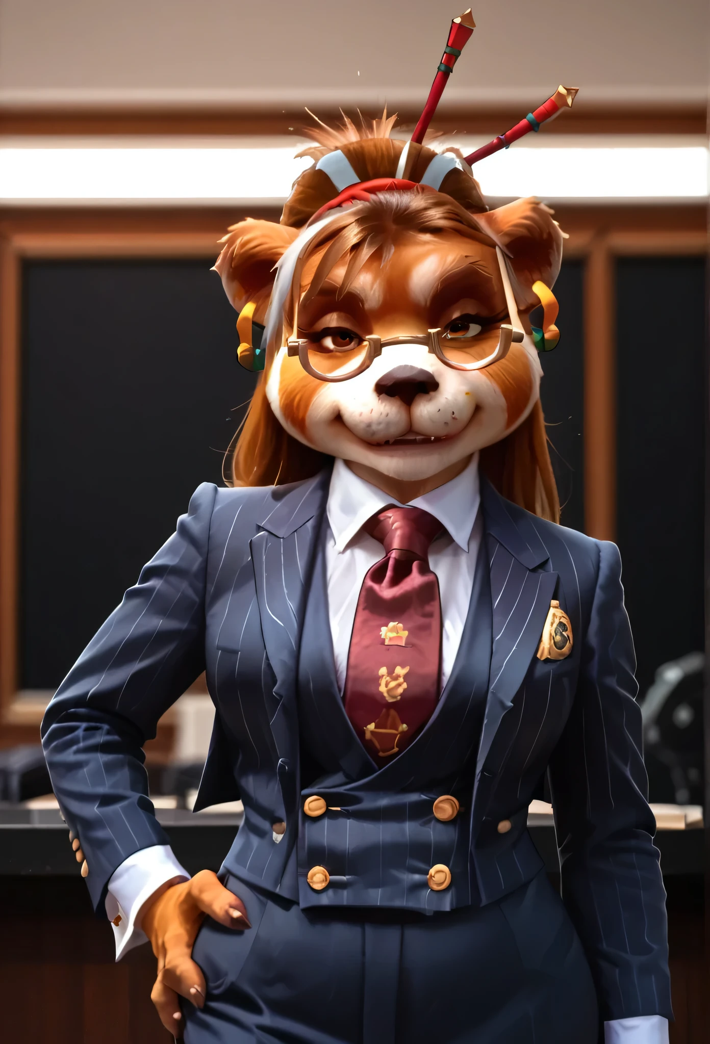 score_9, score_8_up, score_7_up, score_6_up, score_5_up, score_4_up, 1girl, breasts, furry, animal ears, brown hair, brown eyes, earrings, jewelry, hair ornament, glasses, hair stick, three-piece suit, 1girl, formal, jewelry, suit, red striped necktie, skirt, waistcoat, navy pinstripe jacket, light blue shirt with white collar, shirt, smirk, smug, cufflinks, looking at viewer, close up, office background, superior, boss lady, hand on hip, portrait, looking down nose, sassy, fixing tie, tie clip, waistcoat lapels, biting finger, seductive
