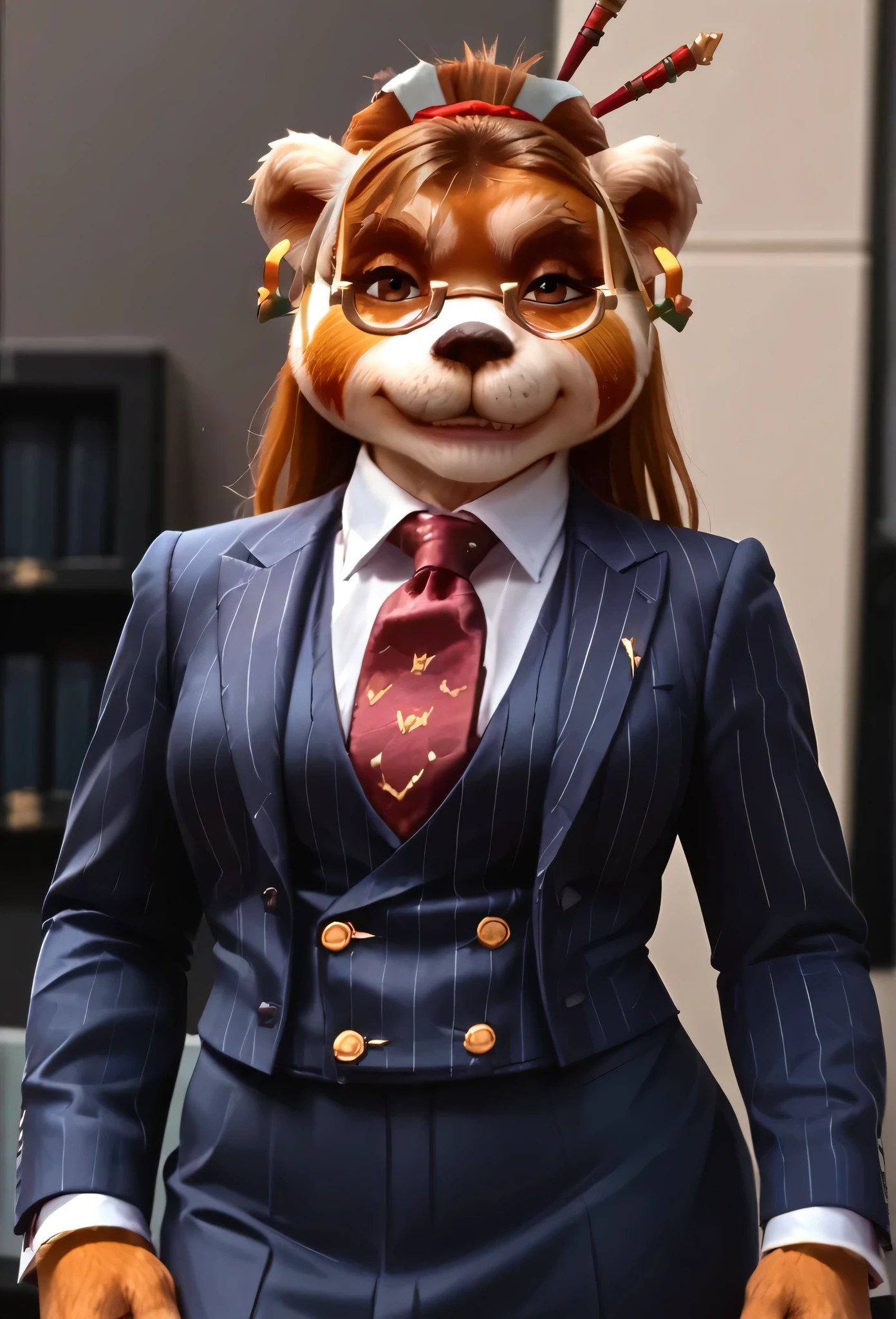 score_9, score_8_up, score_7_up, score_6_up, score_5_up, score_4_up, 1girl, breasts, furry, animal ears, brown hair, brown eyes, earrings, jewelry, hair ornament, glasses, hair stick, three-piece suit, 1girl, formal, jewelry, suit, red striped necktie, skirt, waistcoat, navy pinstripe jacket, light blue shirt with white collar, shirt, smirk, smug, cufflinks, looking at viewer, close up, office background, superior, boss lady, portrait, looking down nose, sassy, tie clip, waistcoat lapels, biting finger, seductive
