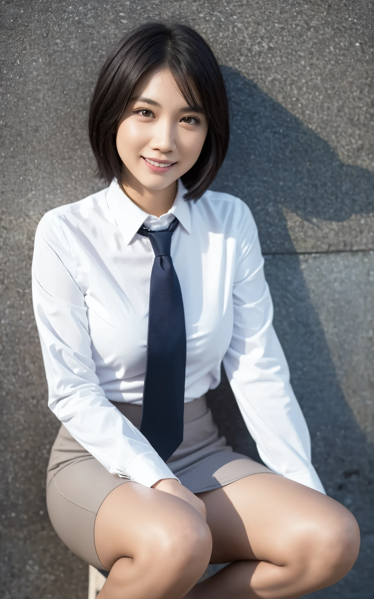 girl, Hyper Realistic, masterpiece, smile, portrait, bobhair, light gray pencil skirt suit, white shirt, red necktie, pantyhose