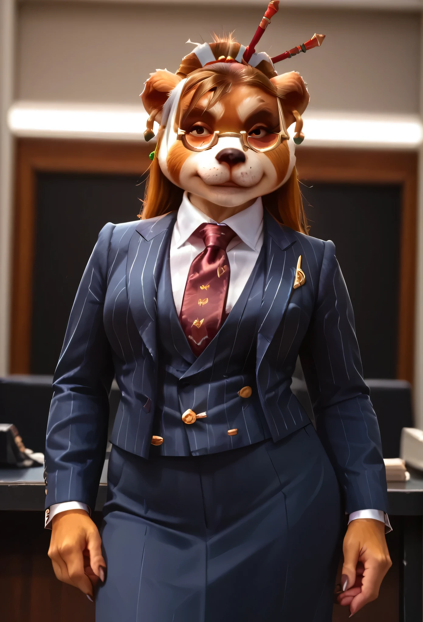 score_9, score_8_up, score_7_up, score_6_up, score_5_up, score_4_up, 1girl, breasts, furry, animal ears, brown hair, brown eyes, earrings, jewelry, hair ornament, glasses, hair stick, three-piece suit, 1girl, formal, jewelry, suit, red striped necktie, skirt, waistcoat, navy pinstripe jacket, light blue shirt with white collar, shirt, smirk, smug, cufflinks, looking at viewer, close up, office background, superior, boss lady, portrait, looking down nose, sassy, tie clip, waistcoat lapels, hand on lower stomach, seductive
