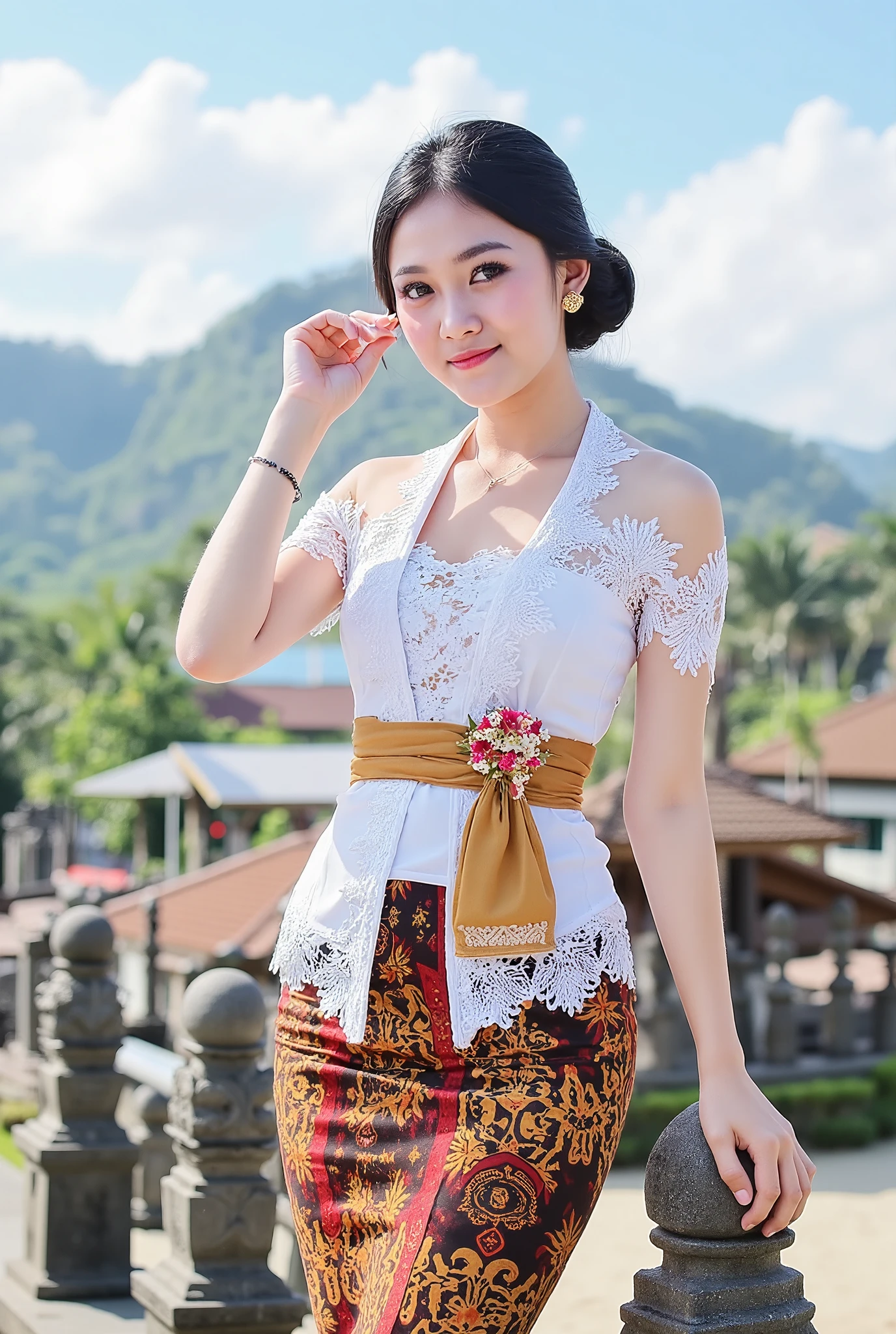 (masterpiece, best quality:1.2), 1girl, Alone, flower, kebaya_Bali, white_kebaya_bali, stands on bridge, smiling, Bali temple background, beach, holding sign with text "Gadis Jelita"
