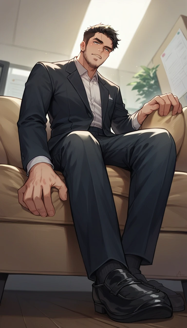 man in office attires, pants:2, sitting on a sofa showing smelly black dress-socks, Low angle, long shoot, good quality face