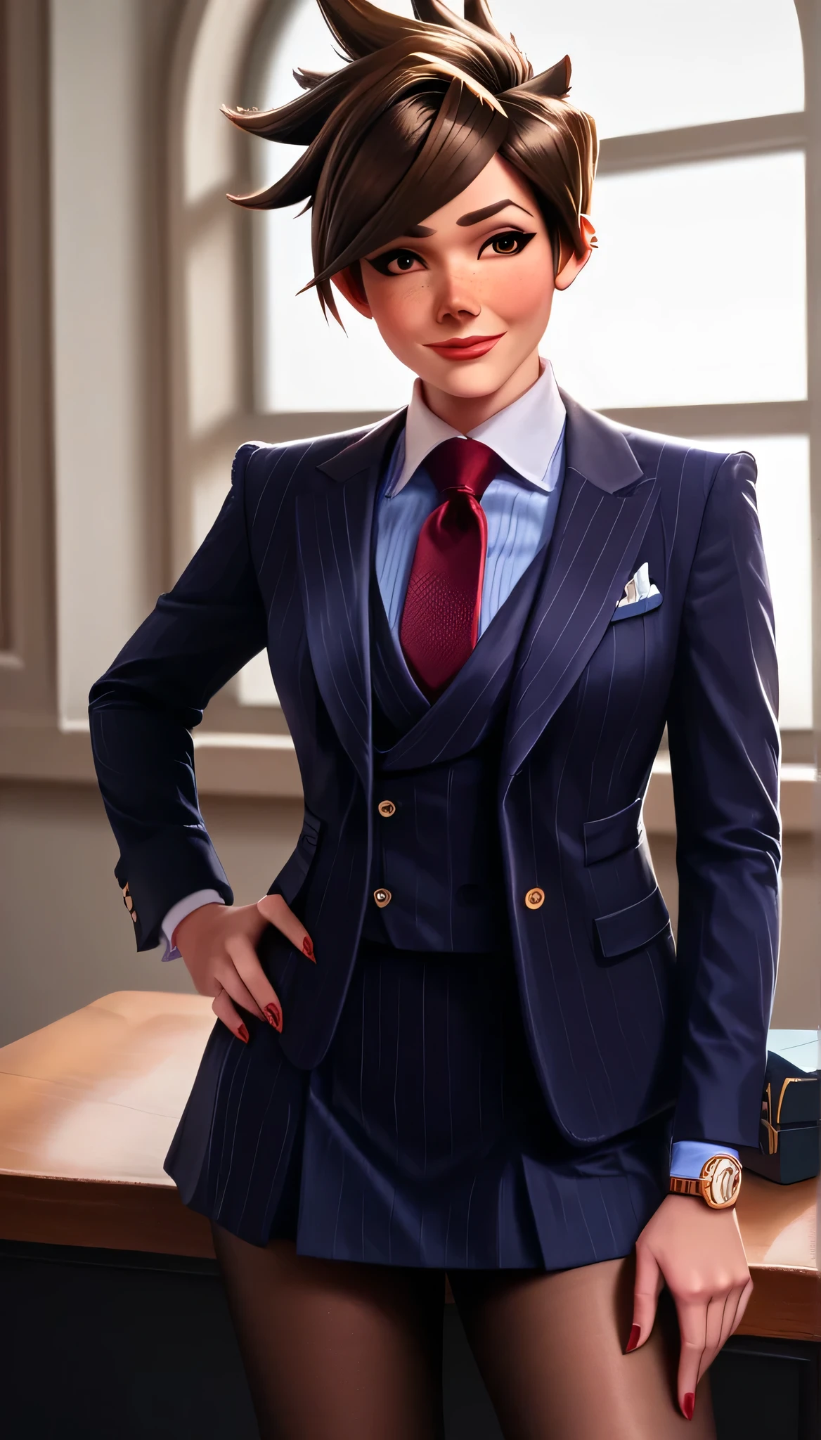 score_9, score_8_up, score_7_up, score_6_up, source_anime,  three-piece suit, tracer, 1girl, solo, brown hair, short hair, freckles, smile, pretty, formal, jewelry, navy pinstripe suit, red silk necktie, earrings, jacket, shirt, standing, hand on hip, window, black eyes, watch, navy pinstripe jacket, wristwatch, light blue shirt with white collar, red lips, navy pinstripe skirt, makeup, black pantyhose, cufflinks, black lapel trim, brown eyes, red nails,High Resolution, Blush, white cuffs, hand on desk, 