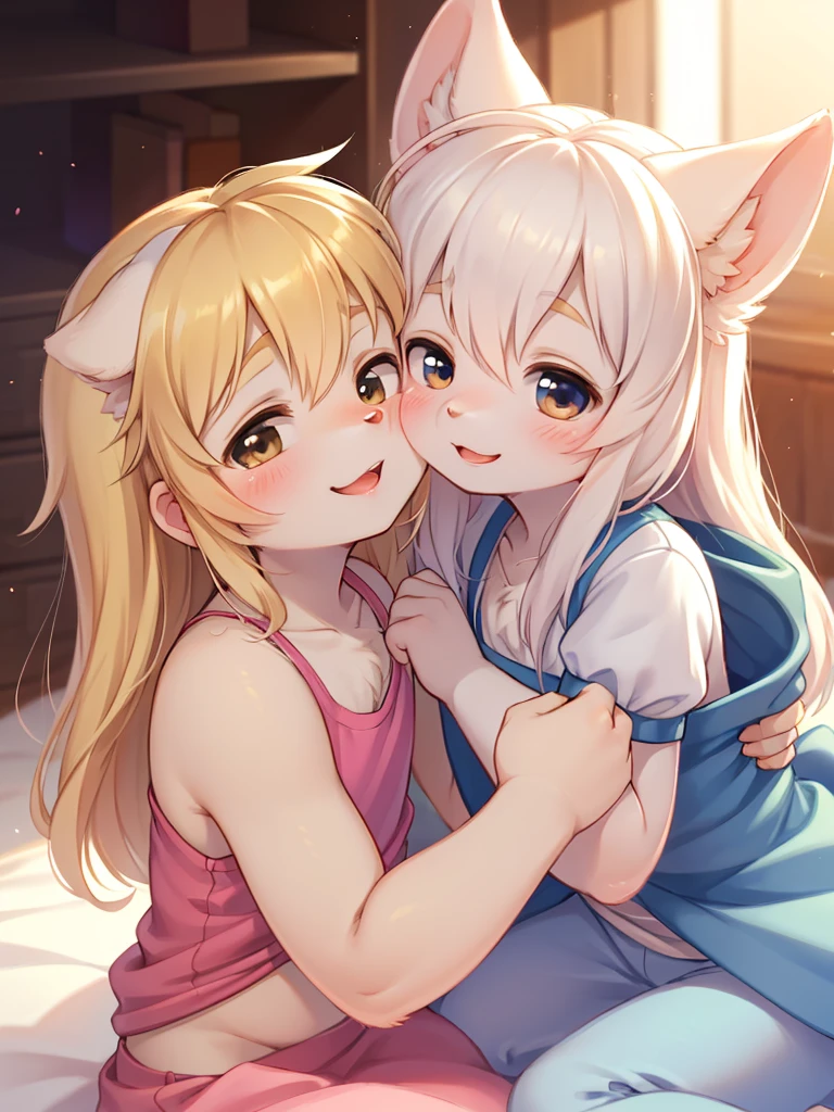 (fluffy anthro furry :1.6),(young :1.6),cat girl,small breasts,white long hair,wavy hair,messy hair,grey fur,gold fox ears,neck fur,blue eyes,ultra detailed fur,short cute white dress,lace cloth,revealing cloth,see through,sexy,luxury bedroom,moring,sunlight through window,white curtains,golden sunlight,looking at viewer,full face blush,passionate face,kissing,two eyes closed,front view,upper body only,selfie,very hot