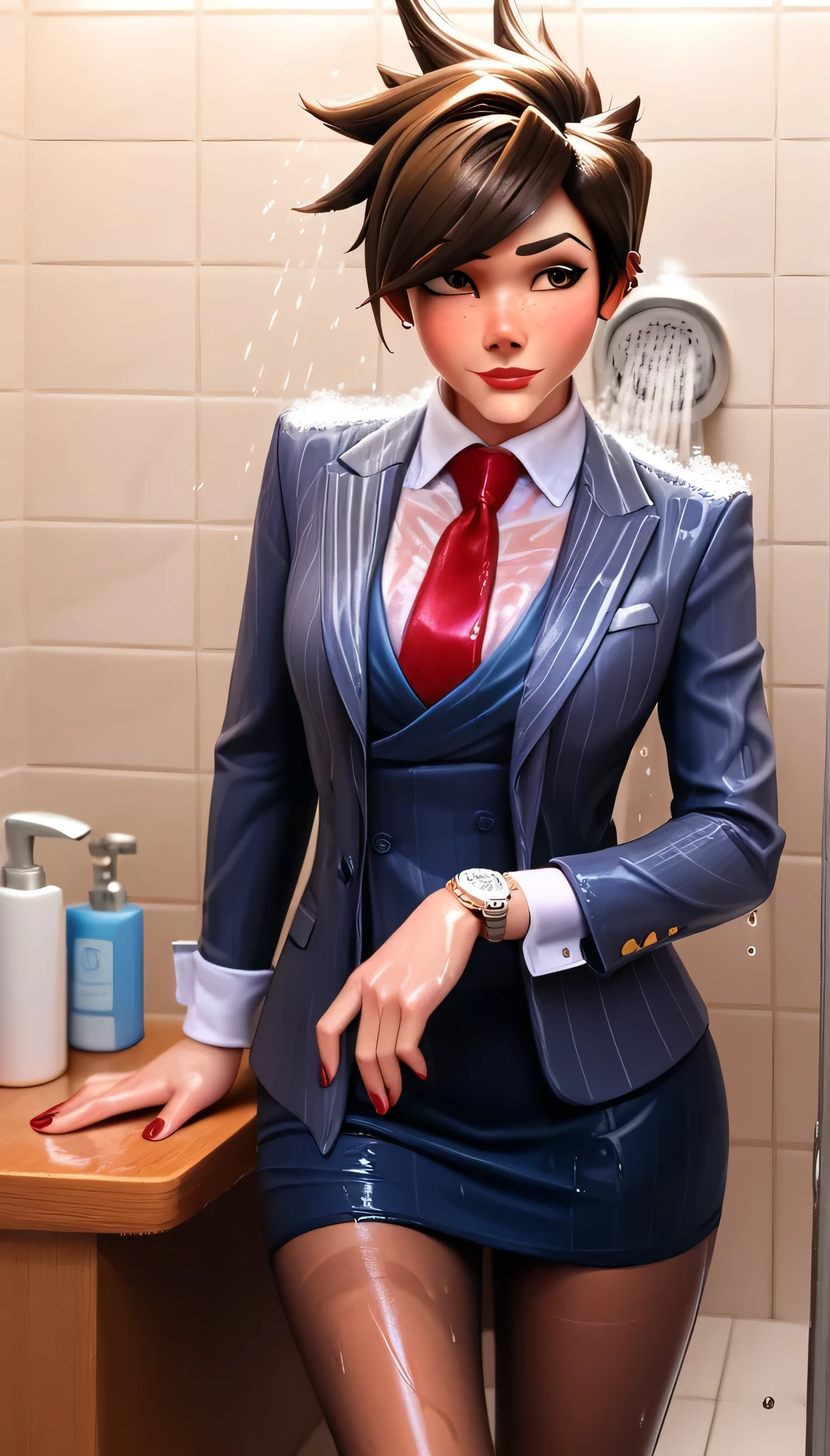 score_9, score_8_up, score_7_up, score_6_up, source_anime,  three-piece suit, tracer, 1girl, solo, brown hair, short hair, freckles, smile, pretty, formal, jewelry, navy pinstripe suit, red silk necktie, earrings, jacket, shirt, standing, shower, running water, under shower, black eyes, watch, navy pinstripe jacket, wristwatch, light blue shirt with white collar, red lips, navy pinstripe skirt, makeup, black pantyhose, cufflinks, black lapel trim, brown eyes, red nails,High Resolution, Blush, white cuffs, hand on desk, wet clothes, wet skin, wet hair, soaked, drenched, soaked clothes, glossy clothing, shiny skin, running fingers through hair