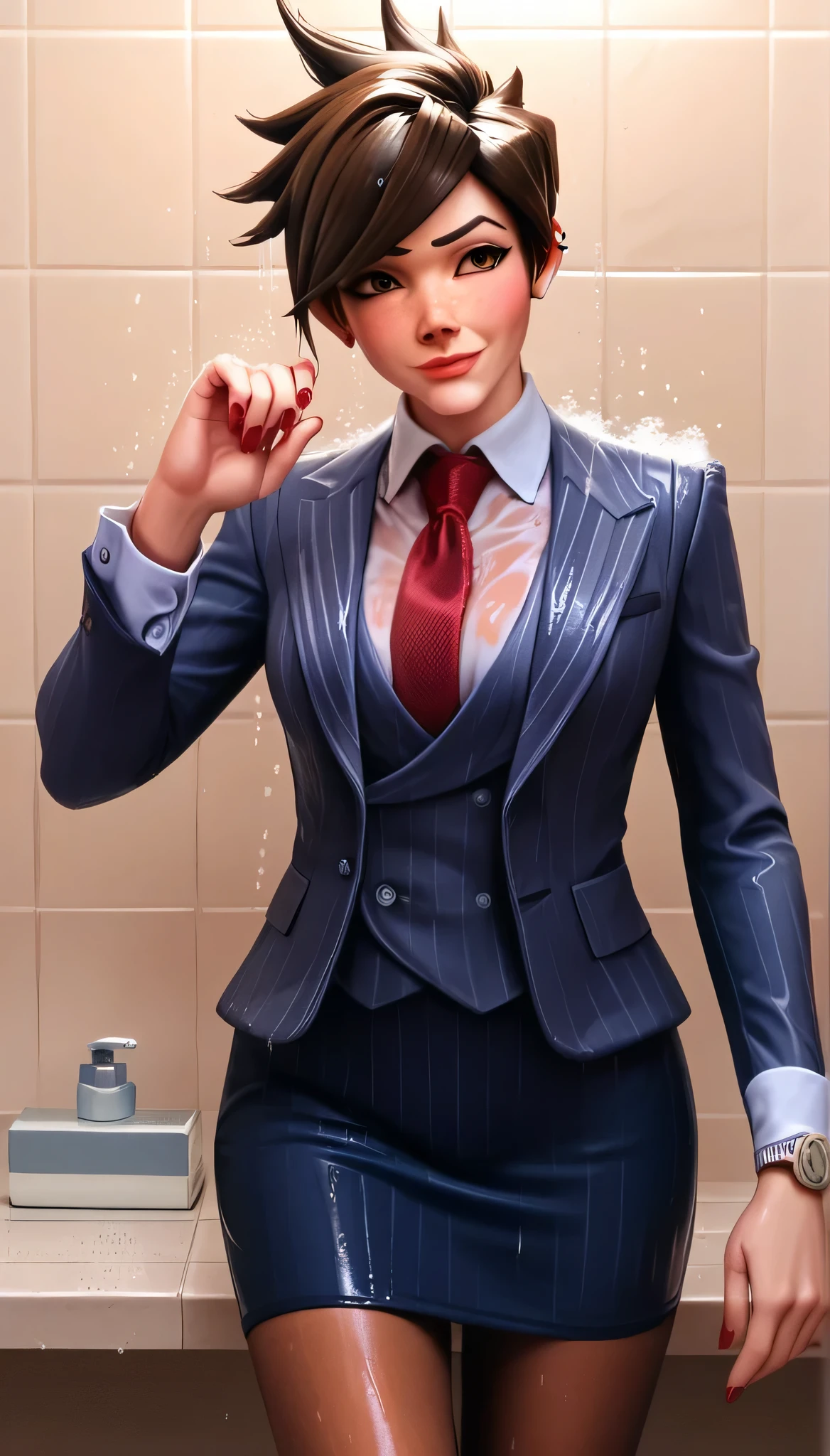 score_9, score_8_up, score_7_up, score_6_up, source_anime,  three-piece suit, tracer, 1girl, solo, brown hair, short hair, freckles, smile, pretty, formal, jewelry, navy pinstripe suit, red silk necktie, earrings, jacket, shirt, standing, shower, running water, under shower, black eyes, watch, navy pinstripe jacket, wristwatch, light blue shirt with white collar, red lips, navy pinstripe skirt, makeup, black pantyhose, cufflinks, black lapel trim, brown eyes, red nails,High Resolution, Blush, white cuffs, hand on desk, wet clothes, wet skin, wet hair, soaked, drenched, soaked clothes, glossy clothing, shiny skin, running fingers through hair