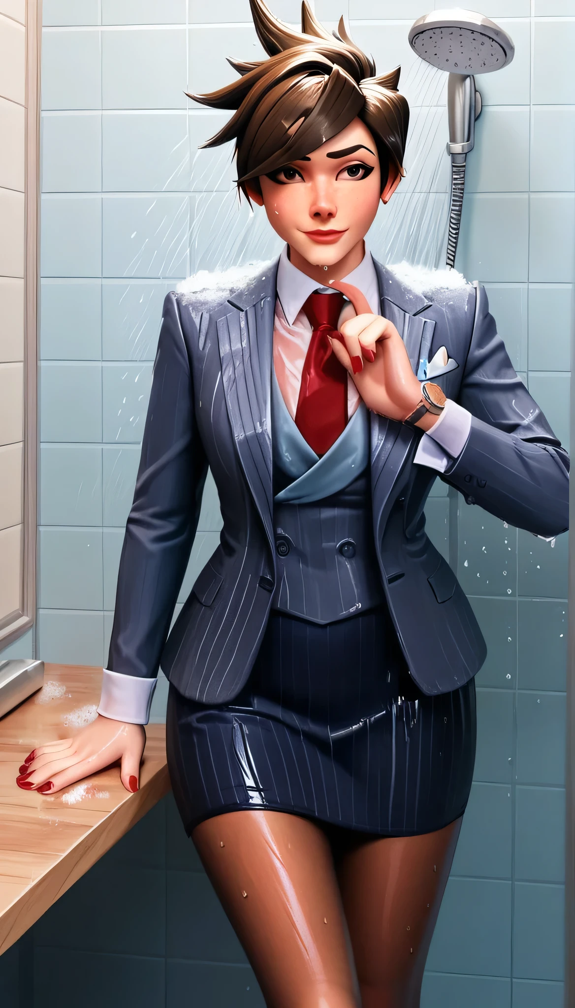 score_9, score_8_up, score_7_up, score_6_up, source_anime,  three-piece suit, tracer, 1girl, solo, brown hair, short hair, freckles, smile, pretty, formal, jewelry, navy pinstripe suit, red silk necktie, earrings, jacket, shirt, standing, shower, running water, under shower, black eyes, watch, navy pinstripe jacket, wristwatch, light blue shirt with white collar, red lips, navy pinstripe skirt, makeup, black pantyhose, cufflinks, black lapel trim, brown eyes, red nails,High Resolution, Blush, white cuffs, hand on desk, wet clothes, wet skin, wet hair, soaked, drenched, soaked clothes, glossy clothing, shiny skin, running fingers through hair