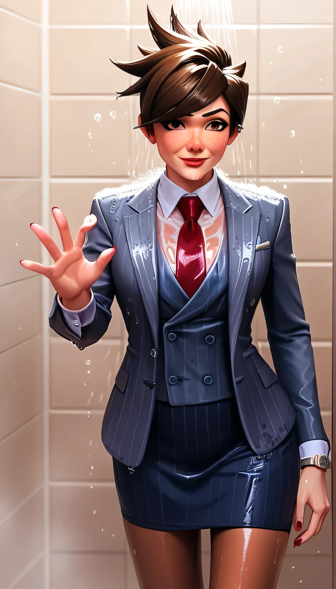 score_9, score_8_up, score_7_up, score_6_up, source_anime,  three-piece suit, tracer, 1girl, solo, brown hair, short hair, freckles, smile, pretty, formal, jewelry, navy pinstripe suit, red silk necktie, earrings, jacket, shirt, standing, shower, running water, under shower, black eyes, watch, navy pinstripe jacket, wristwatch, light blue shirt with white collar, red lips, navy pinstripe skirt, makeup, black pantyhose, cufflinks, black lapel trim, brown eyes, red nails,High Resolution, Blush, white cuffs, wet clothes, wet skin, wet hair, soaked, drenched, soaked clothes, glossy clothing, shiny skin, running fingers through hair, dripping water, water droplets