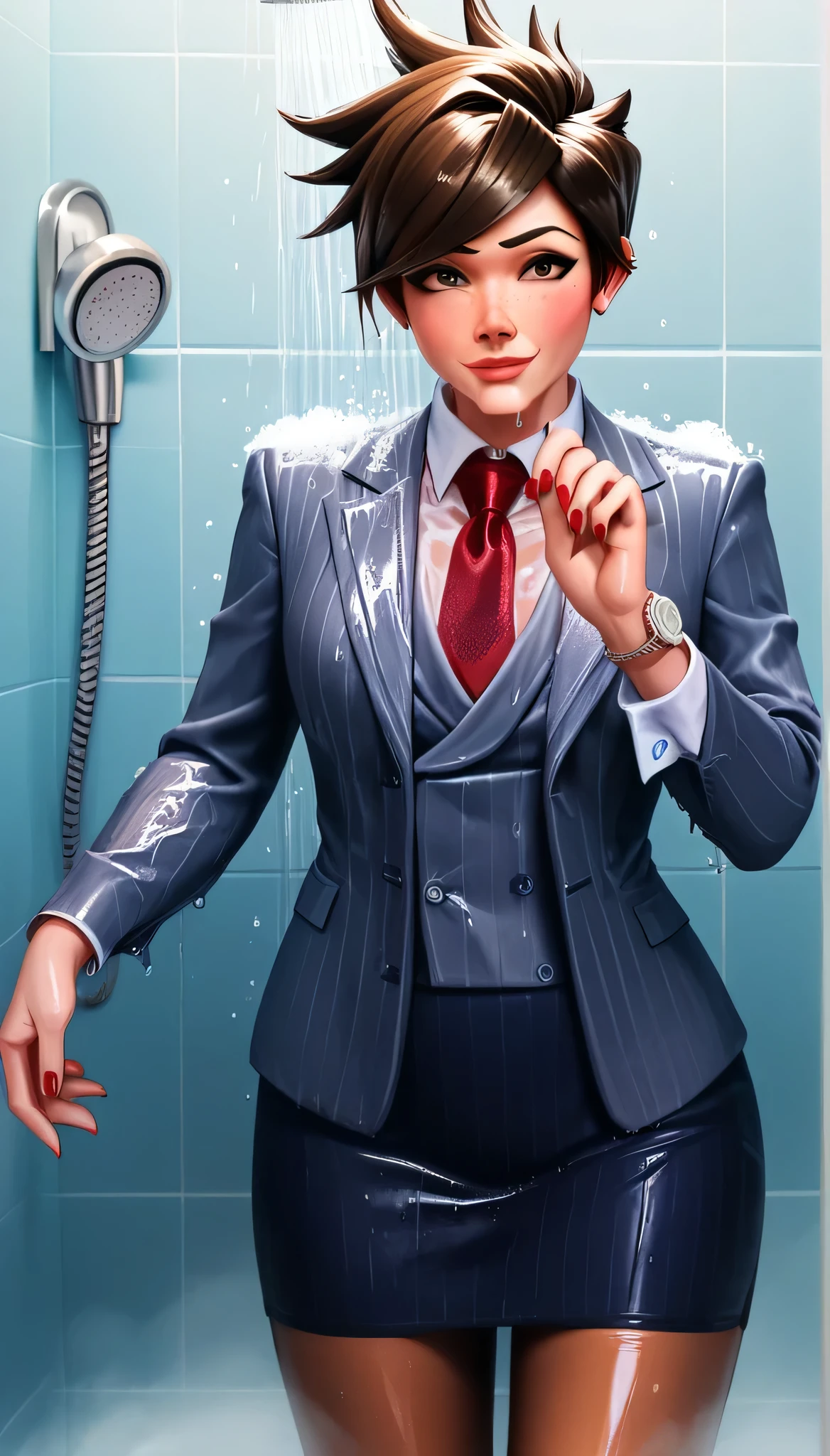 score_9, score_8_up, score_7_up, score_6_up, source_anime,  three-piece suit, tracer, 1girl, solo, brown hair, short hair, freckles, smile, pretty, formal, jewelry, navy pinstripe suit, red silk necktie, earrings, jacket, shirt, standing, shower, running water, under shower, black eyes, watch, navy pinstripe jacket, wristwatch, light blue shirt with white collar, red lips, navy pinstripe skirt, makeup, black pantyhose, cufflinks, black lapel trim, brown eyes, red nails,High Resolution, Blush, white cuffs, wet clothes, wet skin, wet hair, soaked, drenched, soaked clothes, glossy clothing, shiny skin, running fingers through hair, dripping water, water droplets