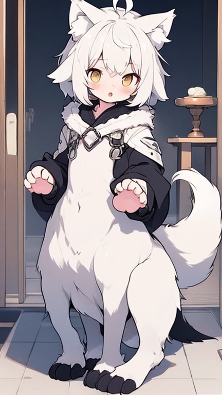 best quality, masterpiece, high resolution, no clothes are worn,Gray and white fur, silver hair, different eyes, blushing and shy