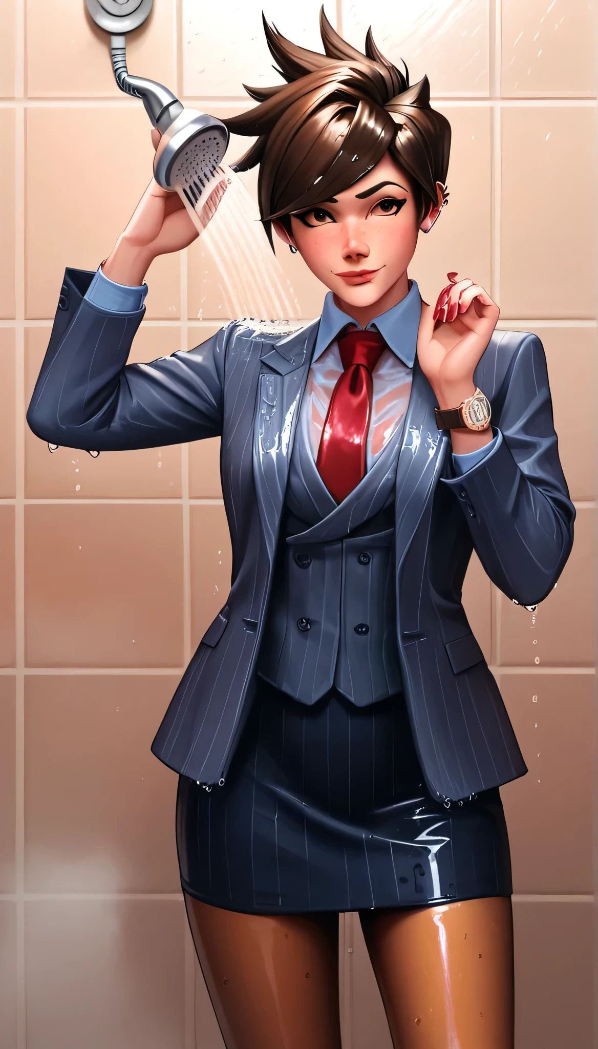 score_9, score_8_up, score_7_up, score_6_up, source_anime,  three-piece suit, tracer, 1girl, solo, brown hair, short hair, freckles, smile, pretty, formal, jewelry, navy pinstripe suit, red silk necktie, earrings, jacket, shirt, standing, shower, running water, under shower, black eyes, watch, navy pinstripe jacket, wristwatch, light blue shirt with white collar, red lips, navy pinstripe skirt, makeup, black pantyhose, cufflinks, black lapel trim, brown eyes, red nails,High Resolution, Blush, white cuffs, wet clothes, wet skin, wet hair, soaked, drenched, soaked clothes, glossy clothing, shiny skin, oinup pose, holding shower head, dripping water, water droplets