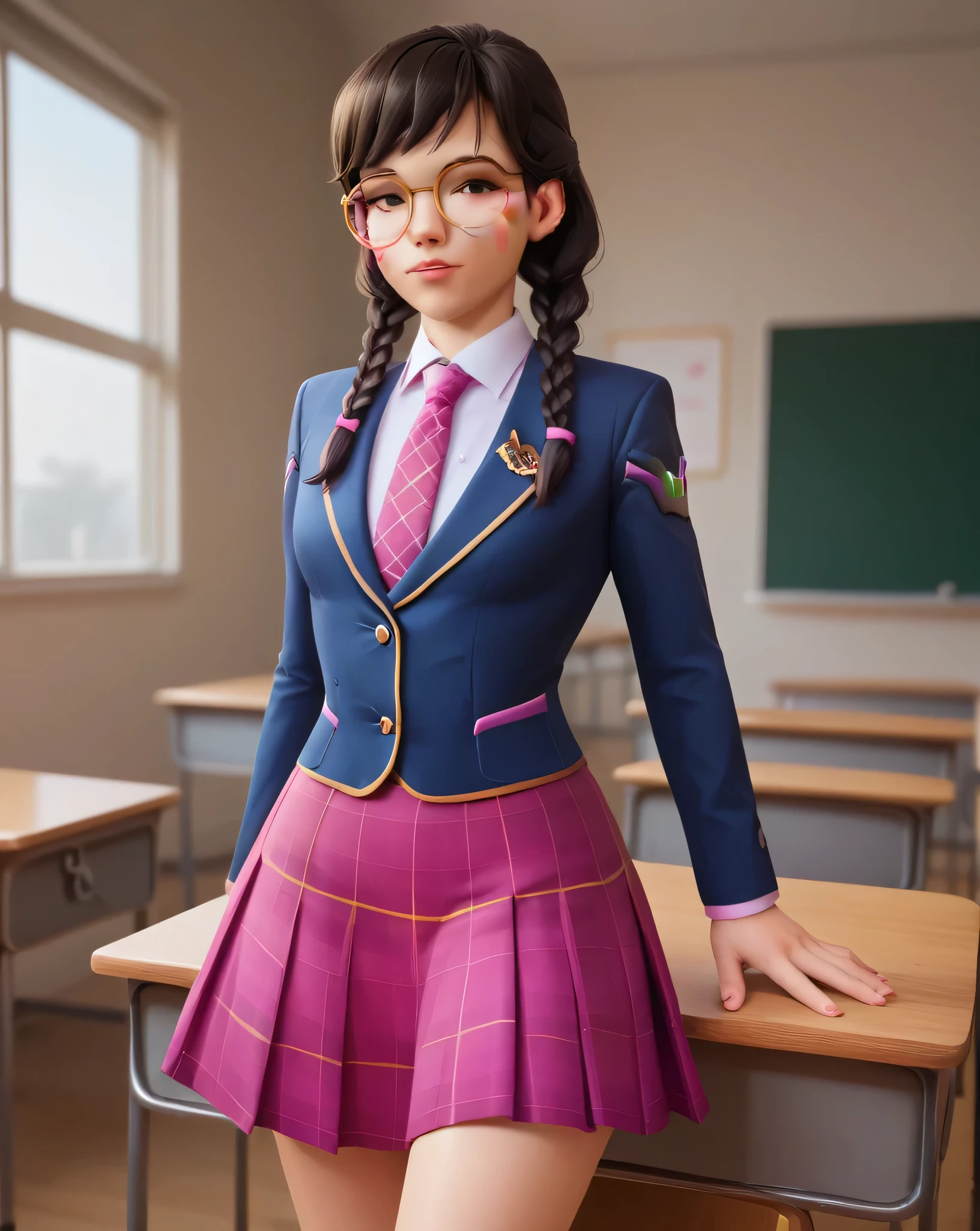 score_9, score_8_up, score_7_up,score_6_up, score_5_up, 2.5d, highly detailed,1girl, solo focus, medium shot , three-piece suit, waistcoat, academy dva, glasses , twin braids, classroom background, skirt, blazer, necktie