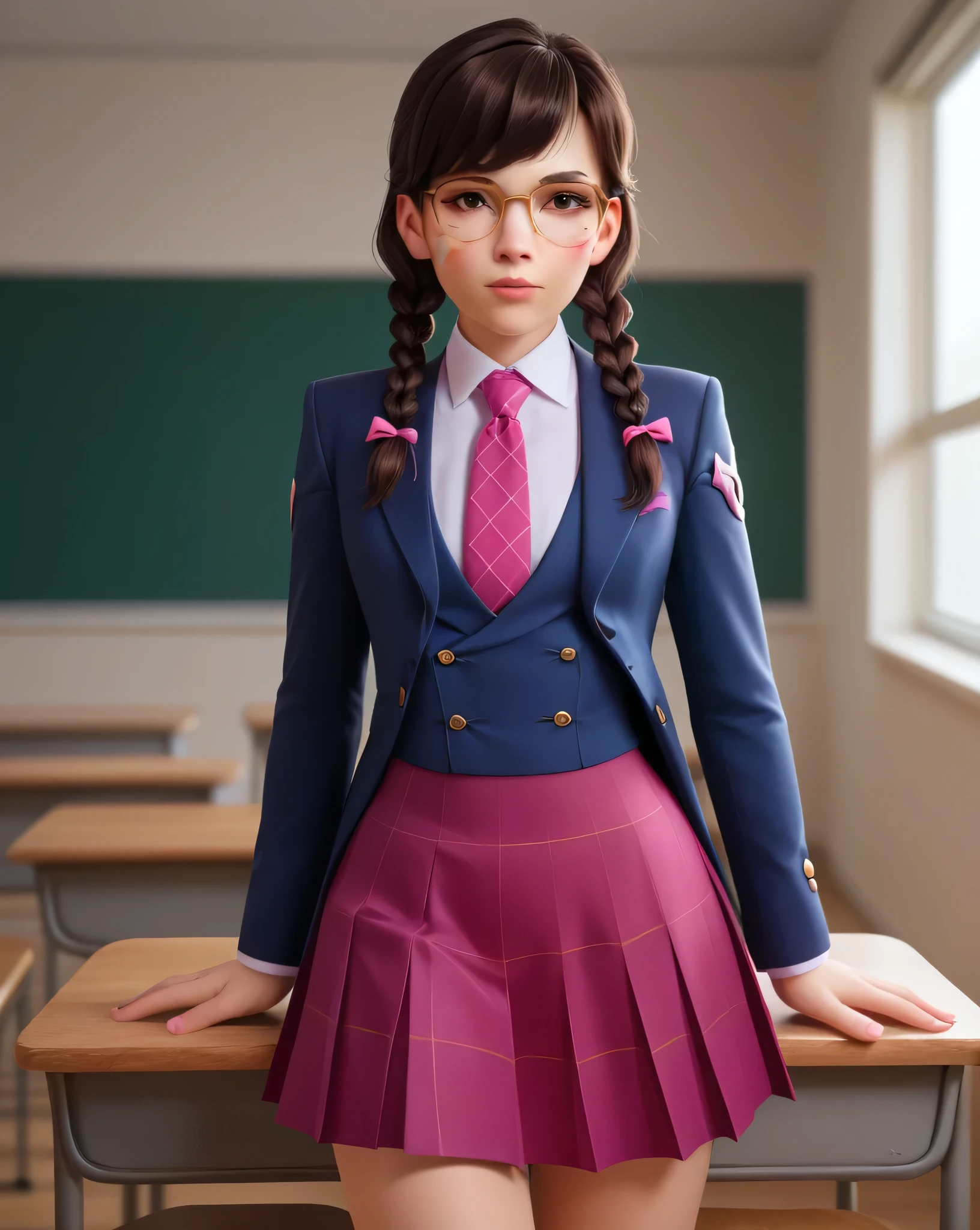 score_9, score_8_up, score_7_up,score_6_up, score_5_up, 2.5d, highly detailed,1girl, solo focus, medium shot , three-piece suit, waistcoat, academy dva, glasses , twin braids, classroom background, skirt, blazer, necktie