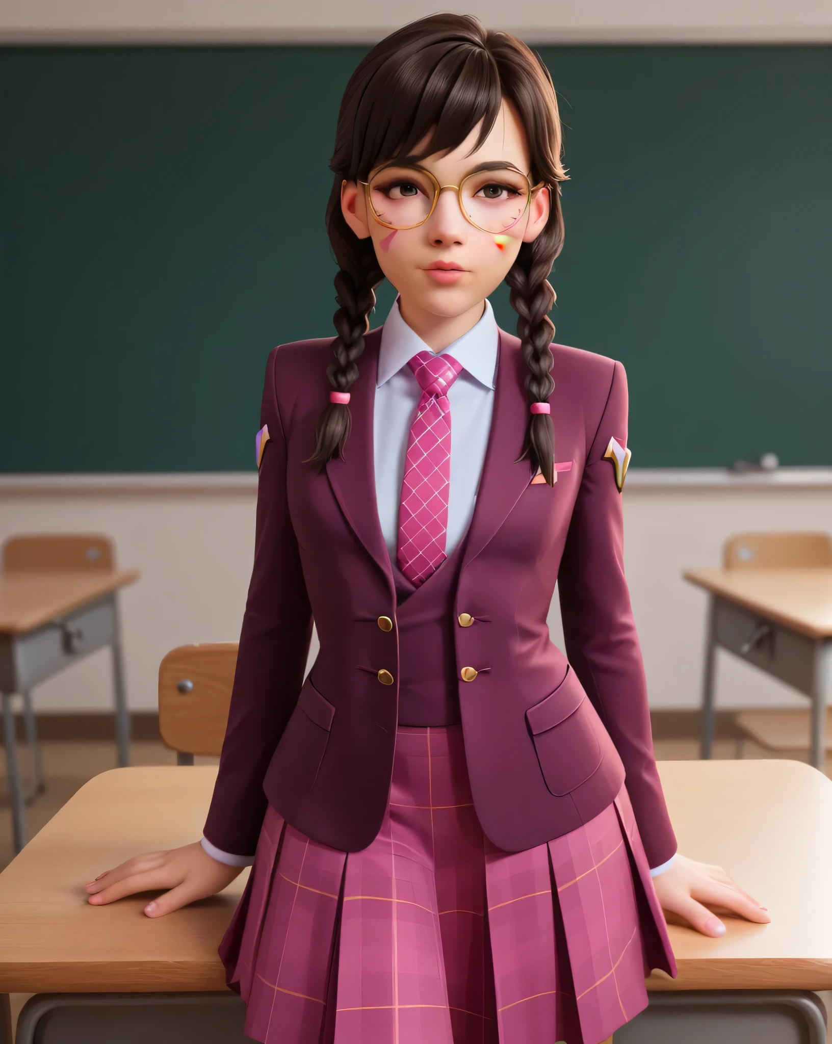 score_9, score_8_up, score_7_up,score_6_up, score_5_up, 2.5d, highly detailed,1girl, solo focus, medium shot , three-piece suit, waistcoat, academy dva, glasses , twin braids, classroom background, skirt, blazer, necktie