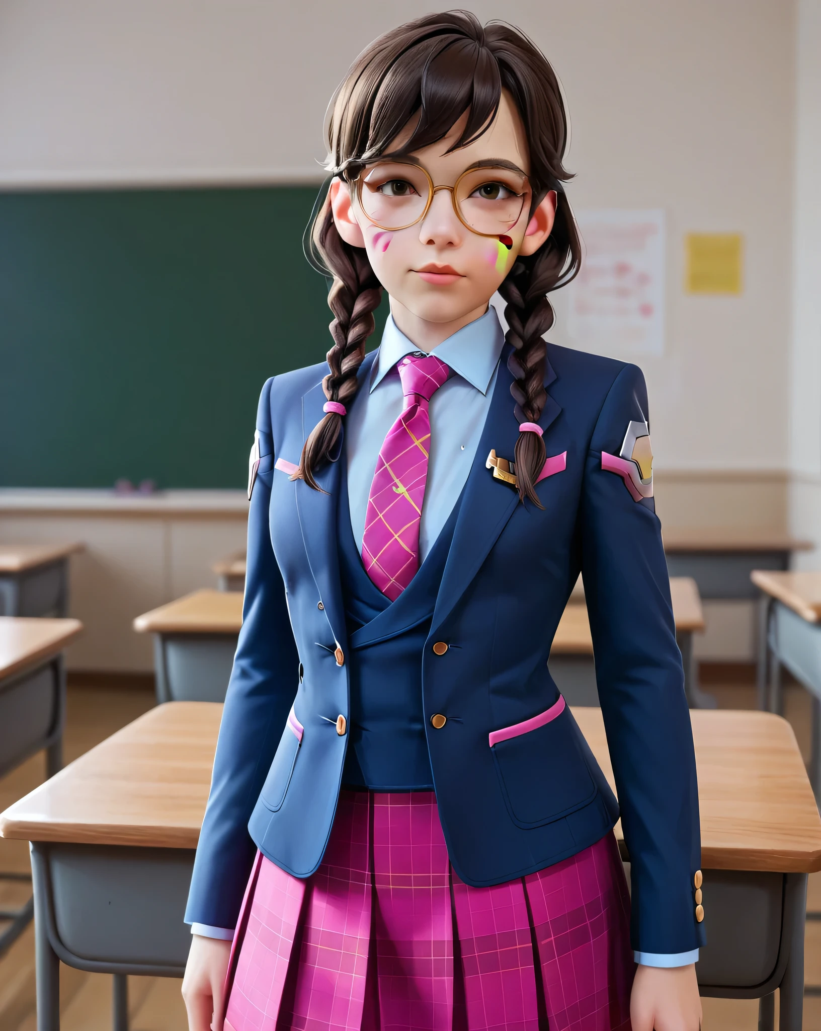 score_9, score_8_up, score_7_up,score_6_up, score_5_up, 2.5d, highly detailed,1girl, solo focus, medium shot , three-piece suit, waistcoat, suit jacket, academy dva, glasses , twin braids, classroom background, skirt, blazer, necktie