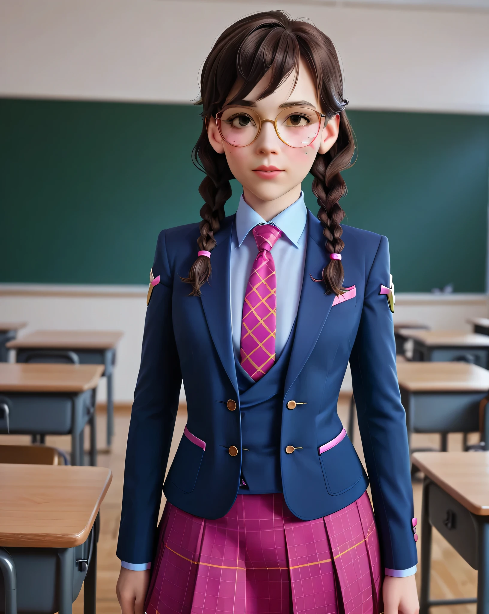 score_9, score_8_up, score_7_up,score_6_up, score_5_up, 2.5d, highly detailed,1girl, solo focus, medium shot , three-piece suit, waistcoat, suit jacket, academy dva, glasses , twin braids, classroom background, skirt, blazer, necktie