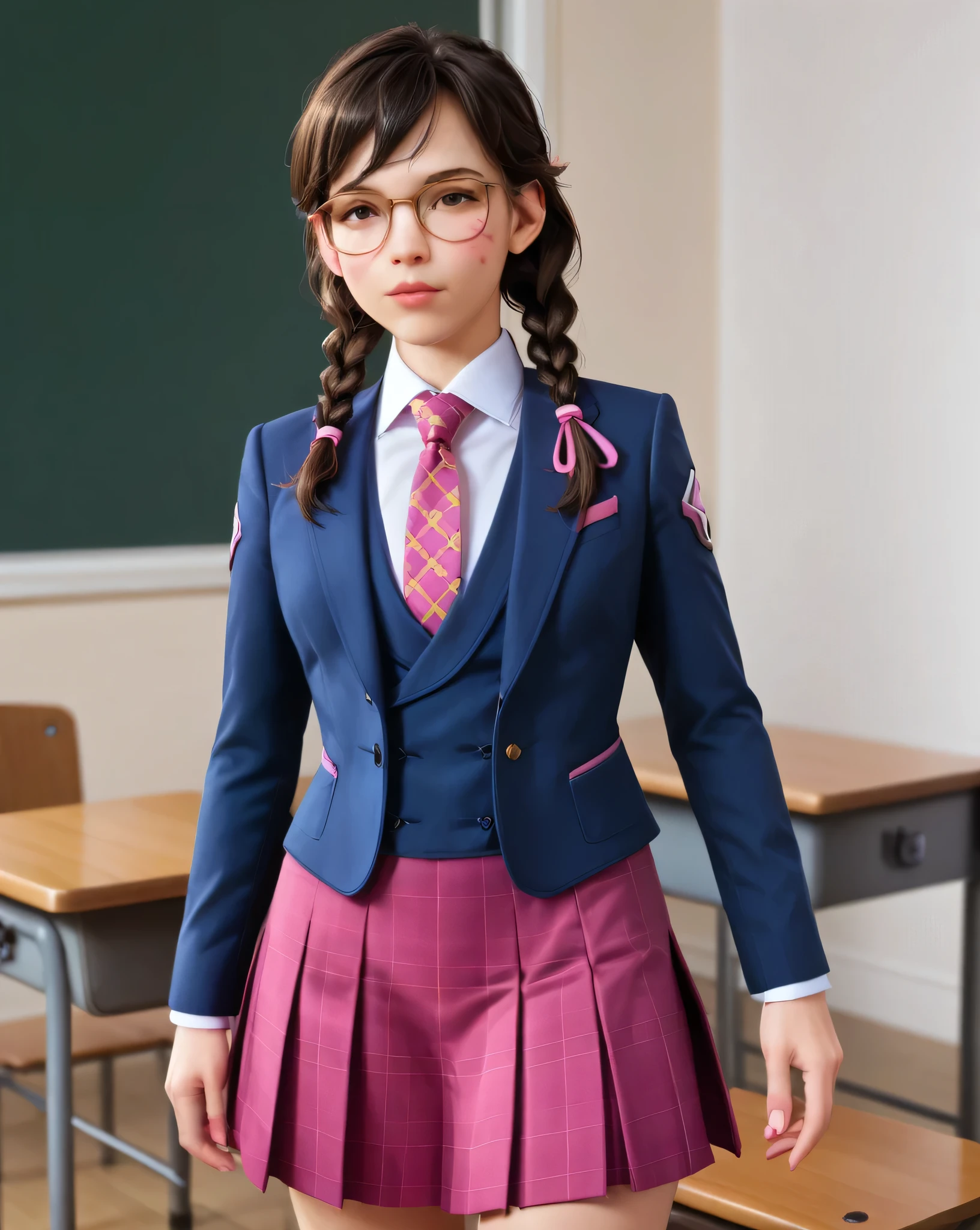 score_9, score_8_up, score_7_up,score_6_up, score_5_up, 2.5d, highly detailed,1girl, solo focus, medium shot , three-piece suit, waistcoat, suit jacket, academy dva, glasses , twin braids, classroom background, skirt, blazer, necktie