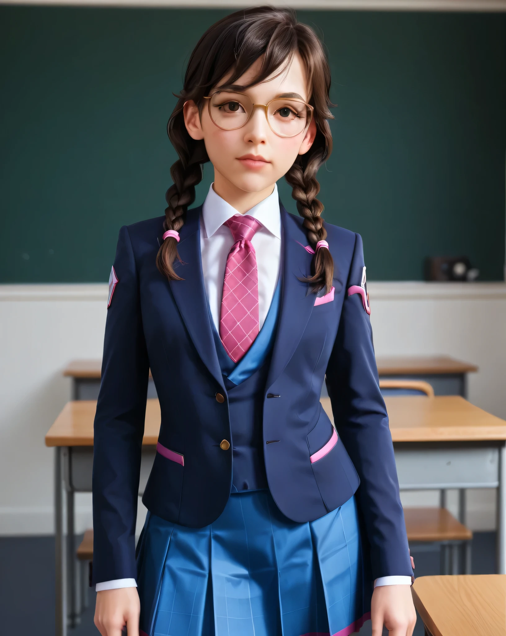 score_9, score_8_up, score_7_up,score_6_up, score_5_up, 2.5d, highly detailed,1girl, solo focus, medium shot , three-piece suit, waistcoat, suit jacket, academy dva, glasses , twin braids, classroom background, skirt, blazer, necktie