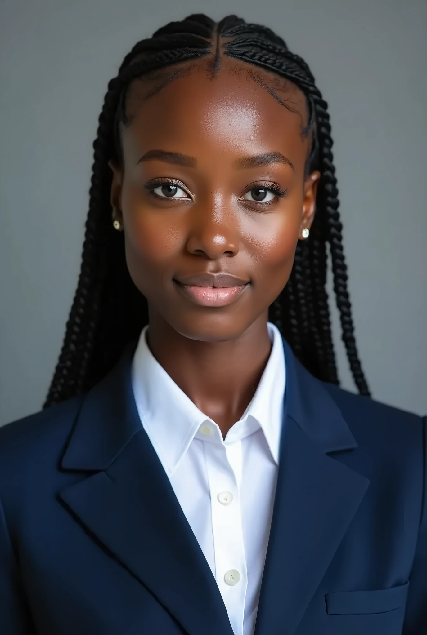 1 girl with tie and shirt on, ( ( dark skin ) ), long black hair pulled away from face, realistic shadows, soft lighting, school day background,