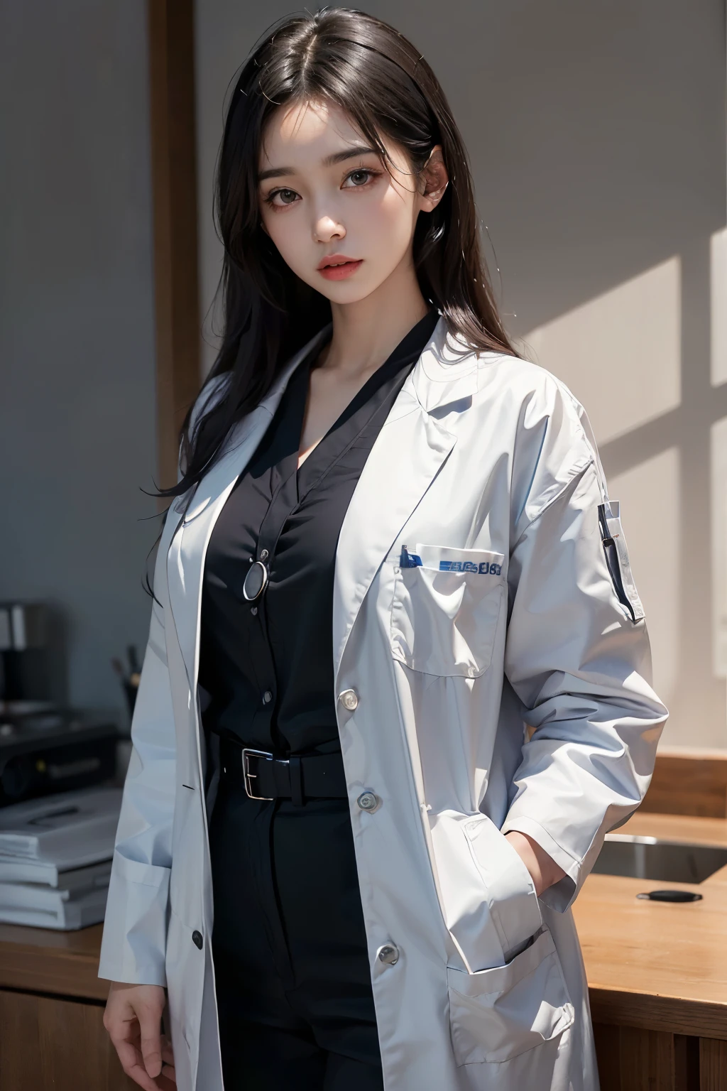 dark long girl in a robe, Scientist in a white lab coat stands in front of Research room equipment, He holds a small bottle of sparkling pink liquid crystals in his hand.., Research room, filled with tubes, Bottle, and facilities,,In the style of the star of Xing Xing Art Group, 12), highest quality, masterpiece, Super detailed, advanced details、best quality, masterpiece, detailed, hyper realistic, head shot、experimental table、Research Shed