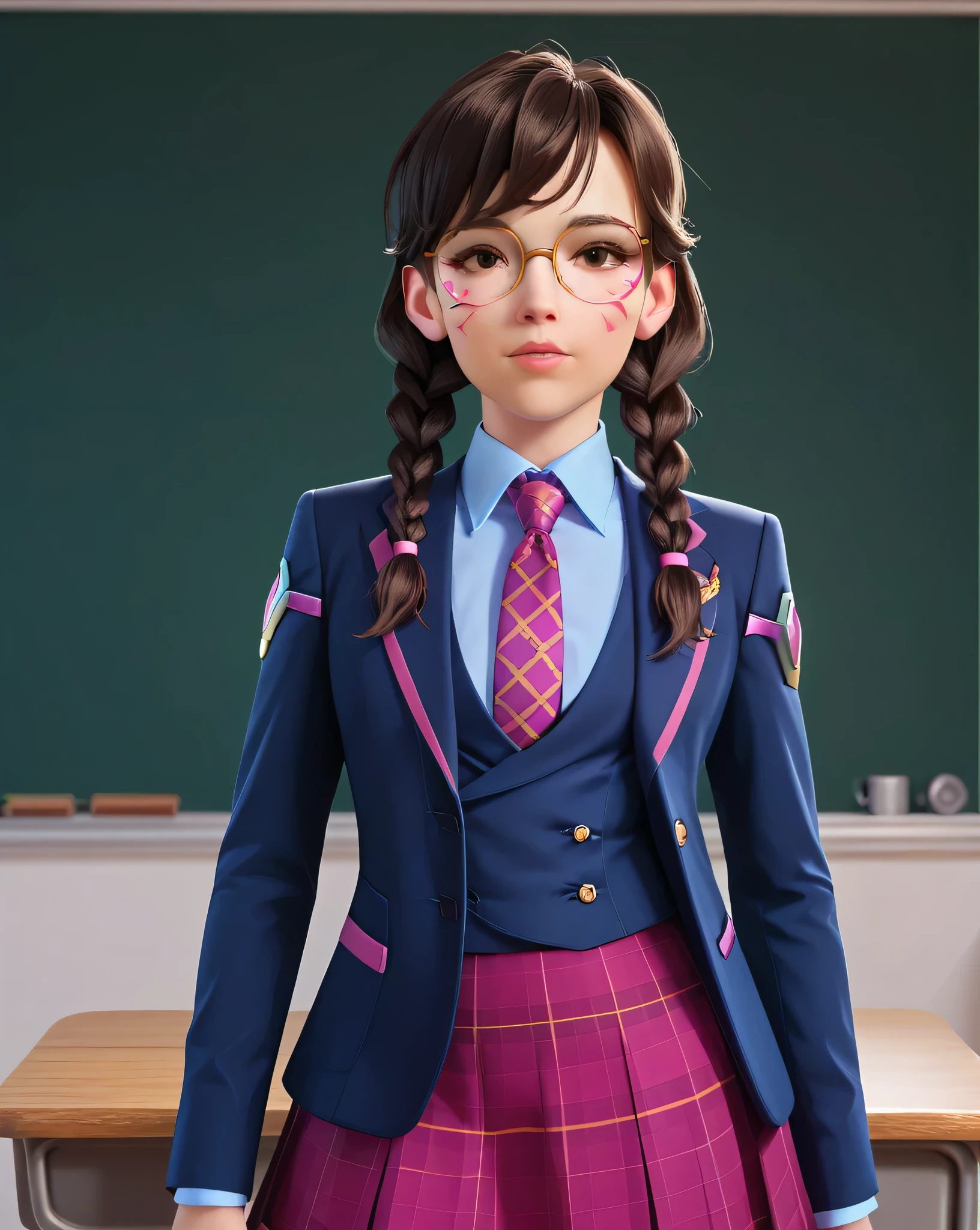 score_9, score_8_up, score_7_up,score_6_up, score_5_up, 2.5d, highly detailed,1girl, solo focus, medium shot , three-piece suit, waistcoat, suit jacket, academy dva, glasses , twin braids, classroom background, skirt, blazer, necktie