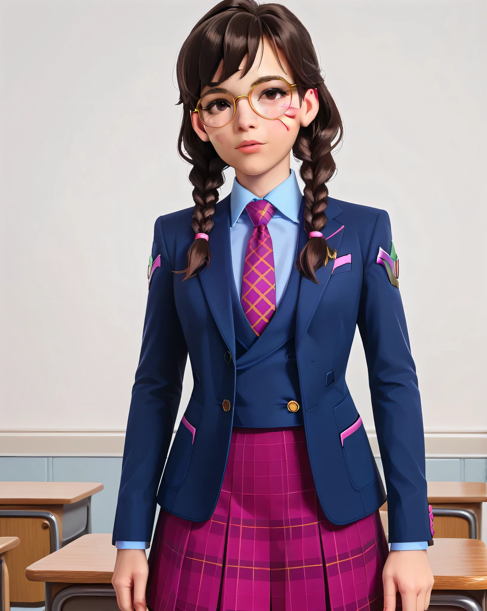 score_9, score_8_up, score_7_up,score_6_up, score_5_up, 2.5d, highly detailed,1girl, solo focus, medium shot , three-piece suit, waistcoat, suit jacket, academy dva, glasses , twin braids, classroom background, skirt, blazer, necktie