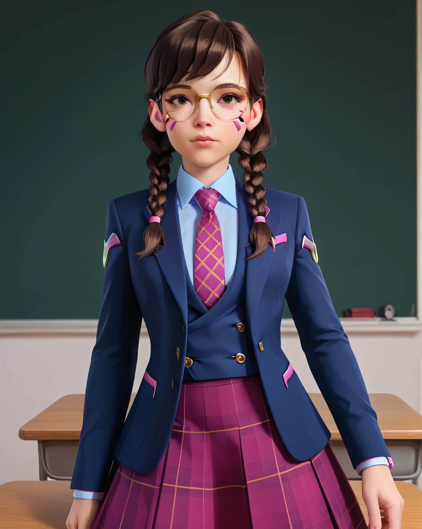 score_9, score_8_up, score_7_up,score_6_up, score_5_up, 2.5d, highly detailed,1girl, solo focus, medium shot , three-piece suit, waistcoat, suit jacket, academy dva, glasses , twin braids, classroom background, skirt, blazer, necktie