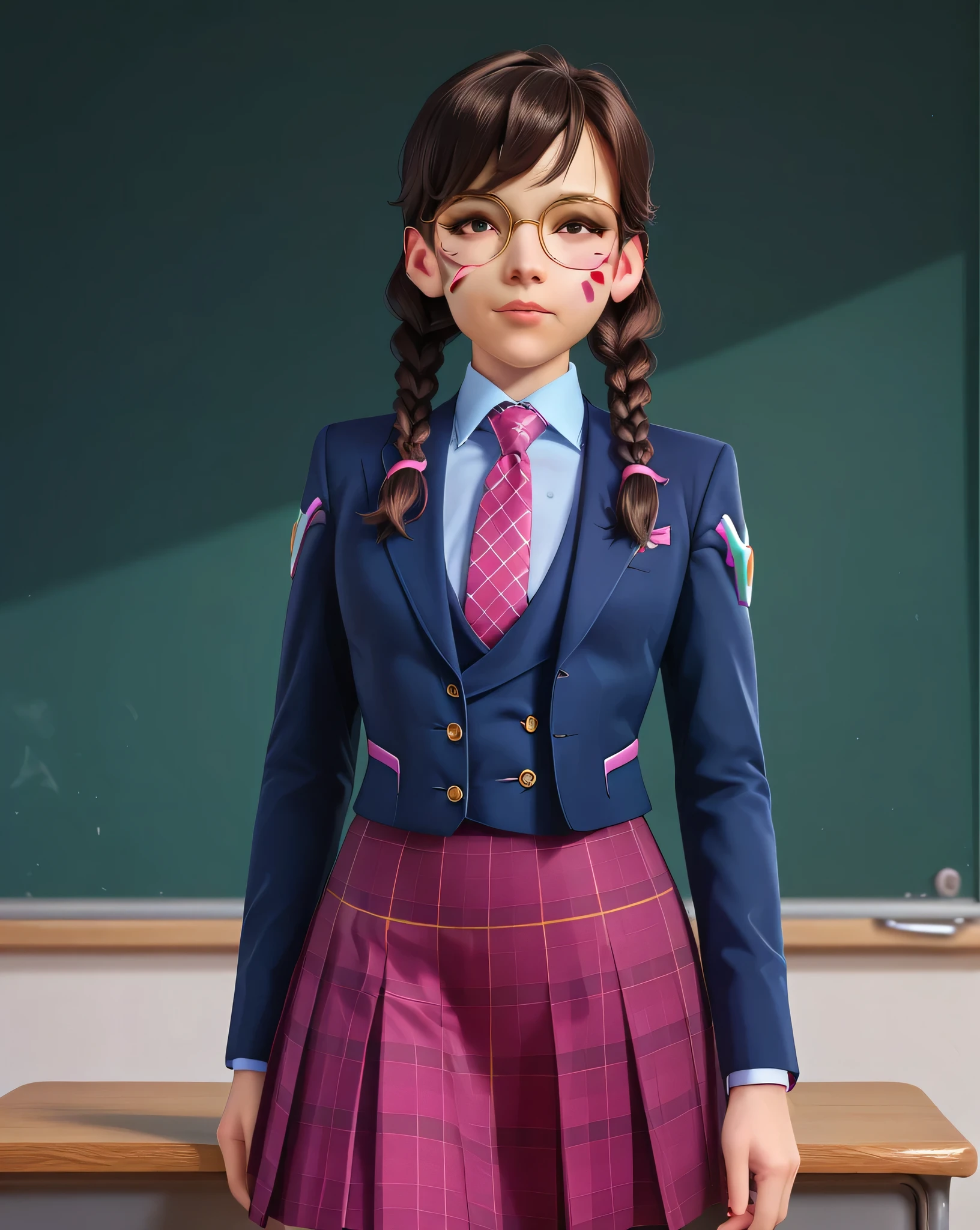 score_9, score_8_up, score_7_up,score_6_up, score_5_up, 2.5d, highly detailed,1girl, solo focus, medium shot , three-piece suit, waistcoat, suit jacket, academy dva, glasses , twin braids, classroom background, skirt, blazer, necktie, cartoon