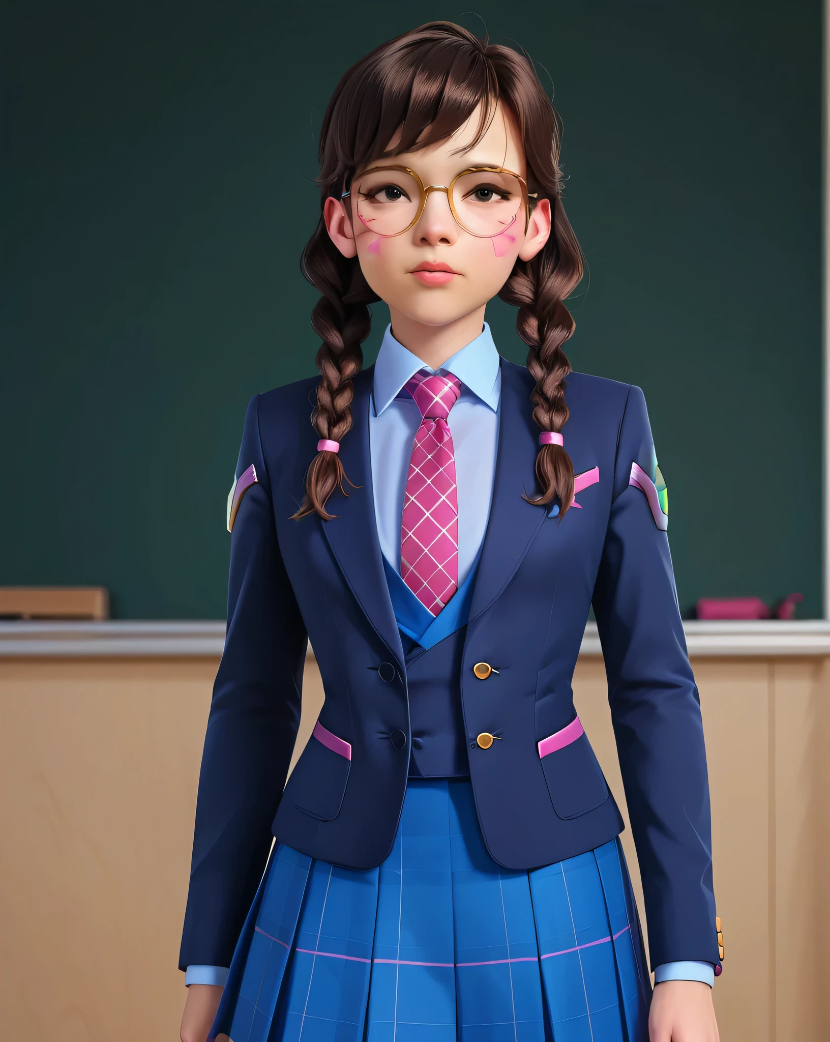 score_9, score_8_up, score_7_up,score_6_up, score_5_up, 2.5d, highly detailed,1girl, solo focus, medium shot , three-piece suit, waistcoat, suit jacket, academy dva, glasses , twin braids, classroom background, skirt, blazer, necktie