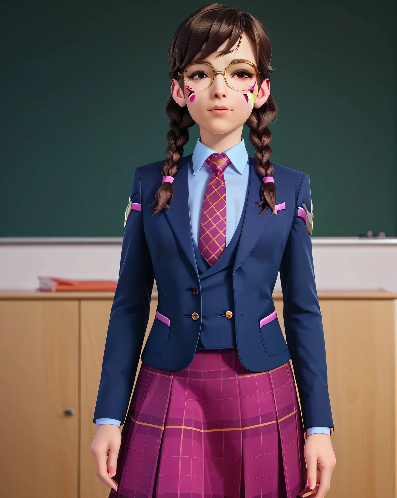 score_9, score_8_up, score_7_up,score_6_up, score_5_up, 2.5d, highly detailed,1girl, solo focus, medium shot , three-piece suit, waistcoat, suit jacket, academy dva, glasses , twin braids, classroom background, skirt, blazer, necktie