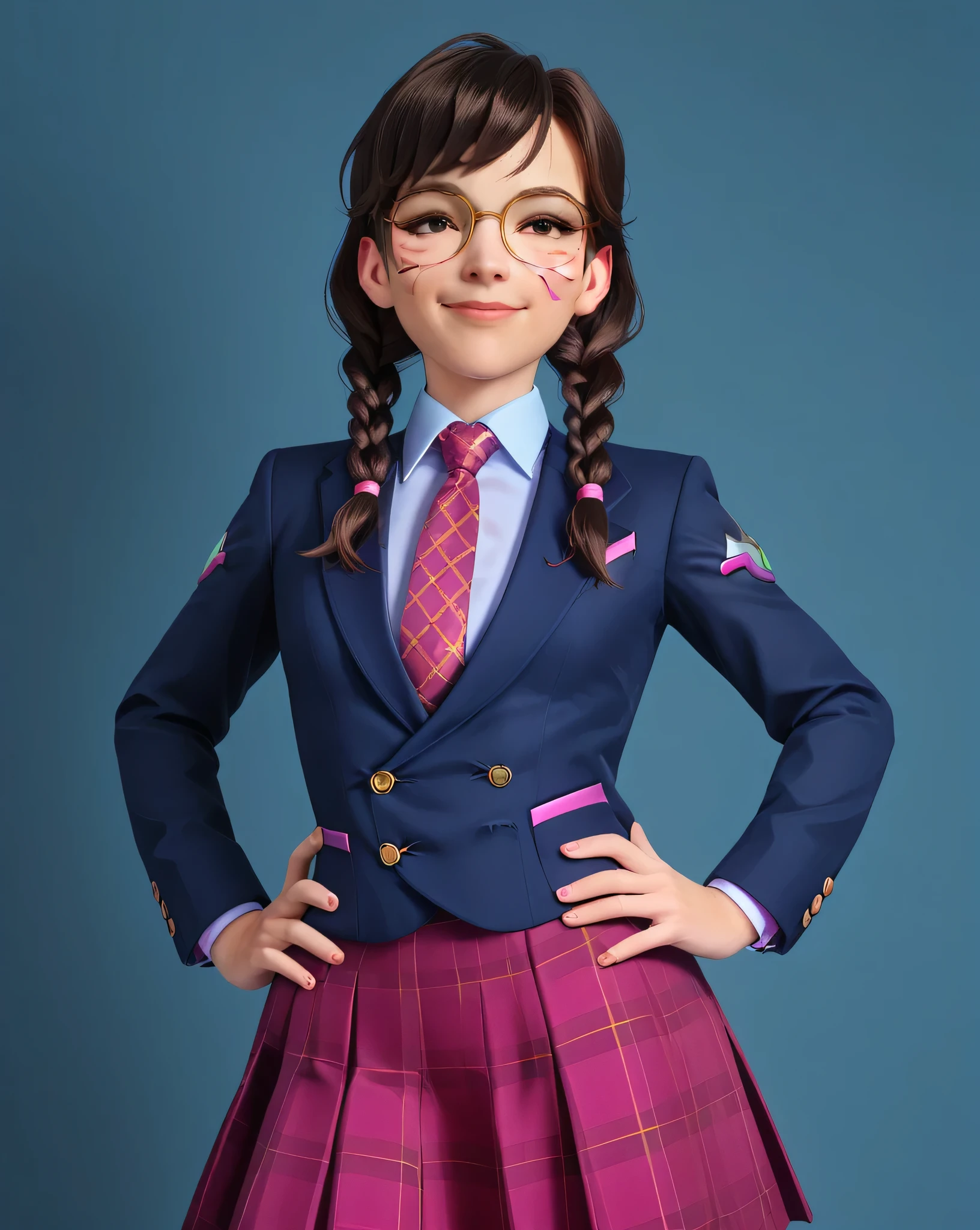 score_9, score_8_up, score_7_up,score_6_up, score_5_up, 2.5d, highly detailed,1girl, solo focus, medium shot , three-piece suit, waistcoat, suit jacket, academy dva, glasses , twin braids, classroom background, skirt, blazer, necktie, face markings, beautiful face, smile, smug, hands on hips