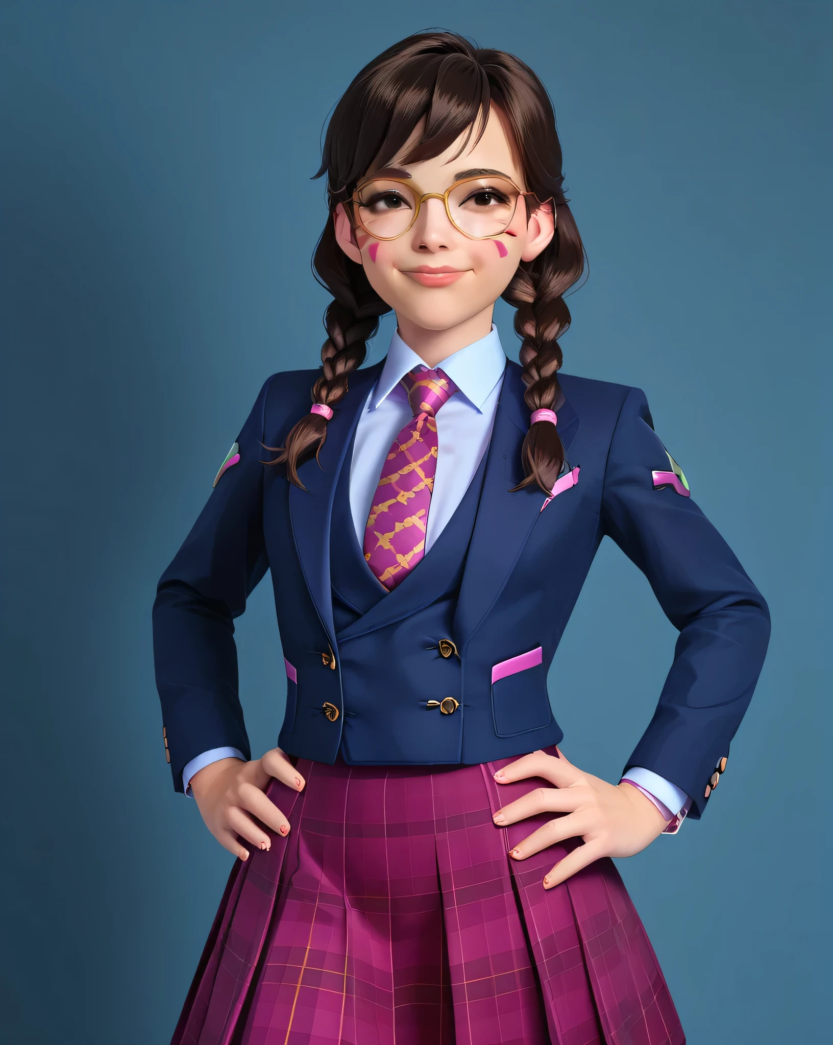 score_9, score_8_up, score_7_up,score_6_up, score_5_up, 2.5d, highly detailed,1girl, solo focus, medium shot , three-piece suit, waistcoat, suit jacket, academy dva, glasses , twin braids, classroom background, skirt, blazer, necktie, face markings, beautiful face, smile, smug, hands on hips, adult