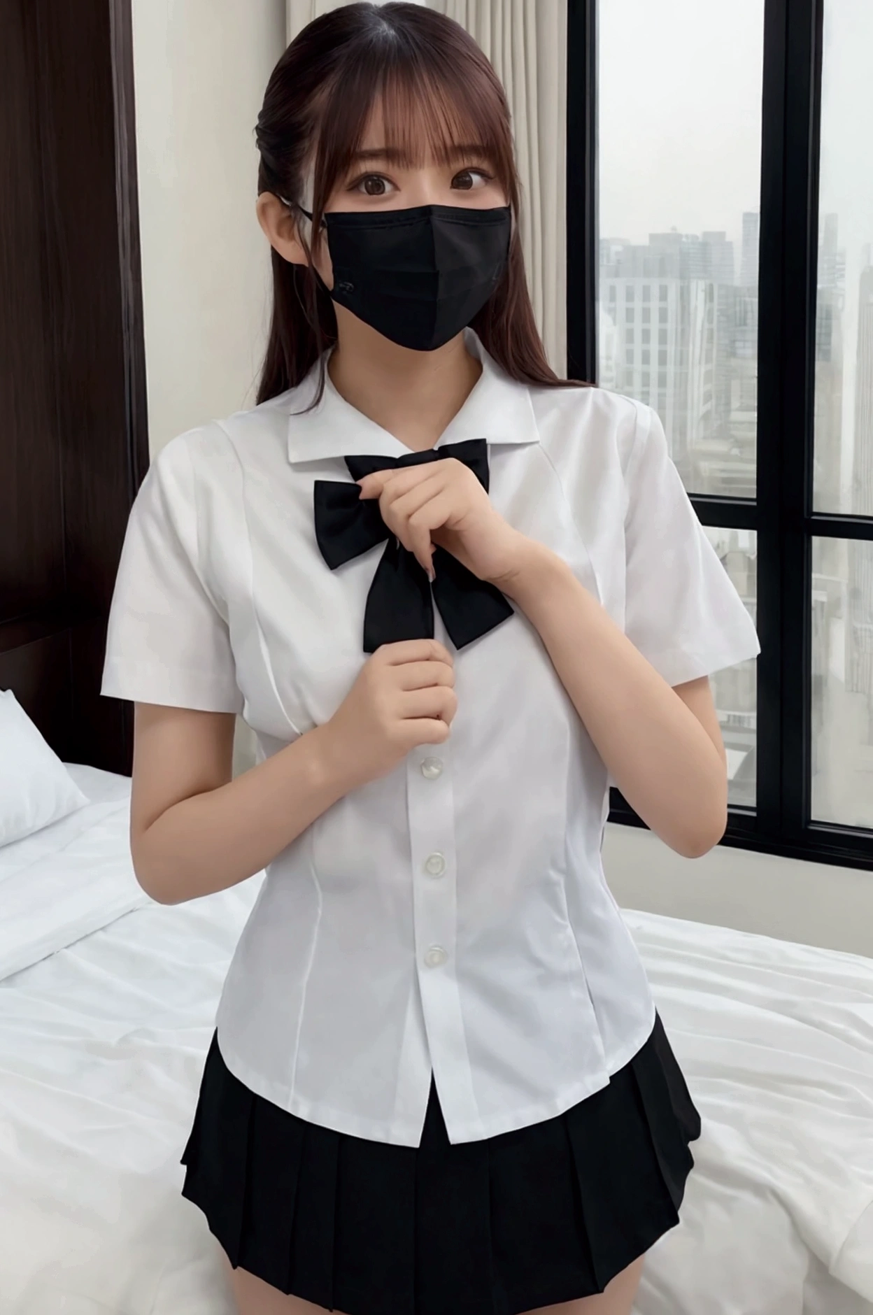 black nurse, 1 female, black nurse cap, Black Wear, ((black legwear, zettai ryouiki)), black elbow gloves, long hair, purple hair, gray eyes, ((Black surgical mask, Covered nose)), Are standing, ((operating room)), sharp outline, short sleeve, mature woman, 35 years old, highest quality, masterpiece、shiny costume、(((sexy slutty makeup、dripping sweat、oil skin,sparkling skin、realistic skin texture、detailed beautiful skin、shiny skin、shiny white skin))),