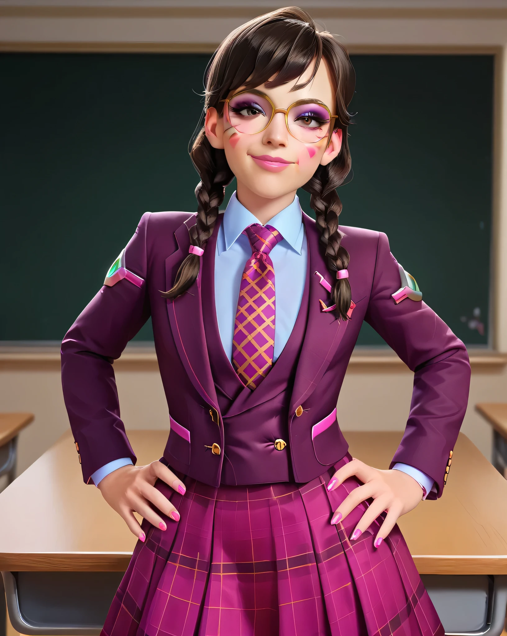 score_9, score_8_up, score_7_up,score_6_up, score_5_up, 2.5d, highly detailed,1girl, solo focus, medium shot , three-piece suit, ((waistcoat)), suit jacket, blazer, open suit jacket academy dva, glasses , twin braids, classroom background, skirt, necktie, face markings, beautiful face, smile, smug, hands on hips, adult, heavy makeup, pink nails, dark eyeshadow, mascara, pink lipstick, detailed eyes, blush, tie clip