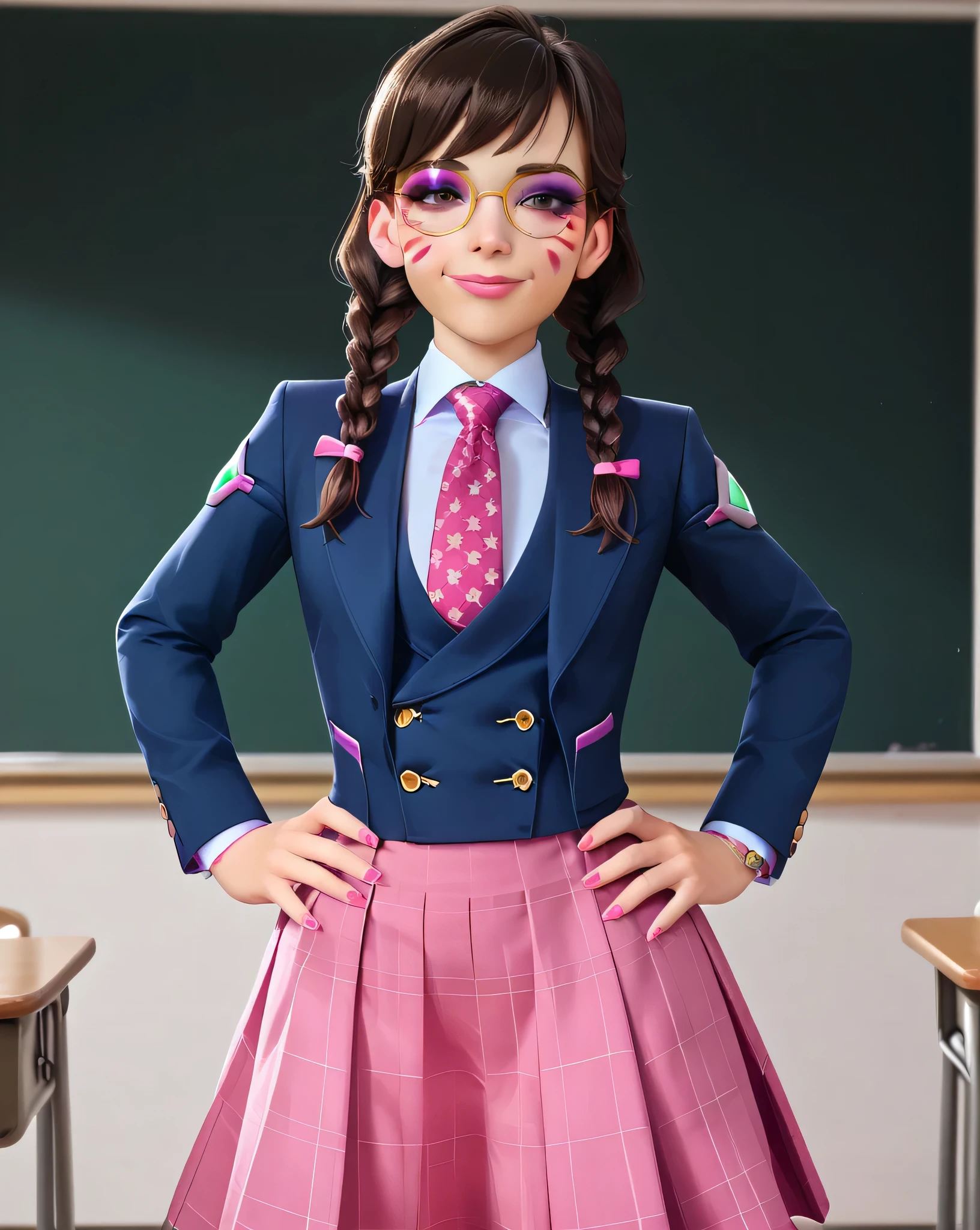 score_9, score_8_up, score_7_up,score_6_up, score_5_up, 2.5d, highly detailed,1girl, solo focus, medium shot , (three-piece suit), ((waistcoat)), suit jacket, blazer, open suit jacket academy dva, glasses , twin braids, classroom background, skirt, necktie, face markings, beautiful face, smile, smug, hands on hips, adult, heavy makeup, pink nails, dark eyeshadow, mascara, pink lipstick, detailed eyes, blush, tie clip, silk skirt