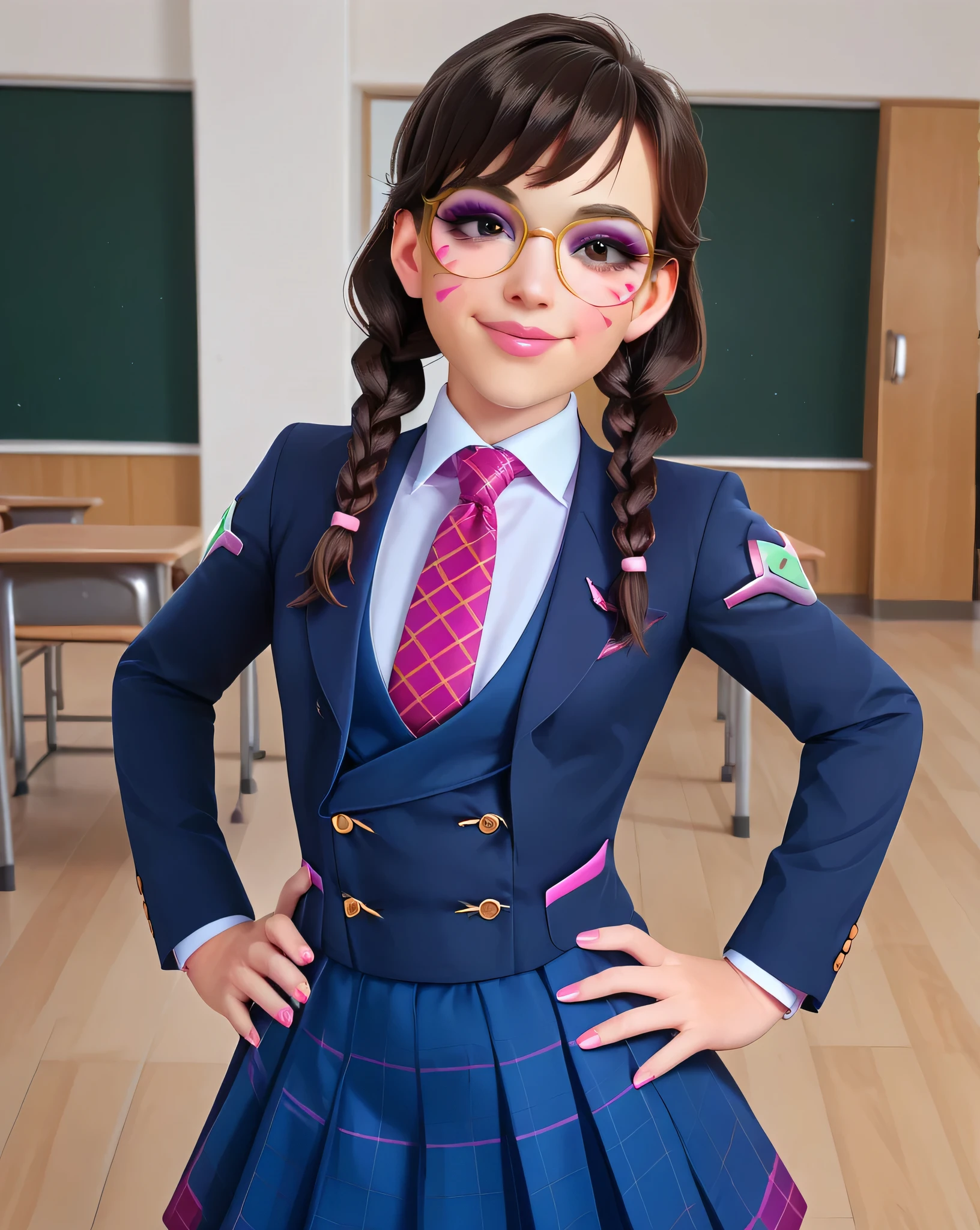 score_9, score_8_up, score_7_up,score_6_up, score_5_up, 2.5d, highly detailed,1girl, solo focus, medium shot , (three-piece suit), ((waistcoat)), suit jacket, blazer, open suit jacket academy dva, glasses , twin braids, classroom background, skirt, necktie, face markings, beautiful face, smile, smug, hands on hips, adult, heavy makeup, pink nails, dark eyeshadow, mascara, pink lipstick, detailed eyes, blush, tie clip, skirt, pink whisker markings