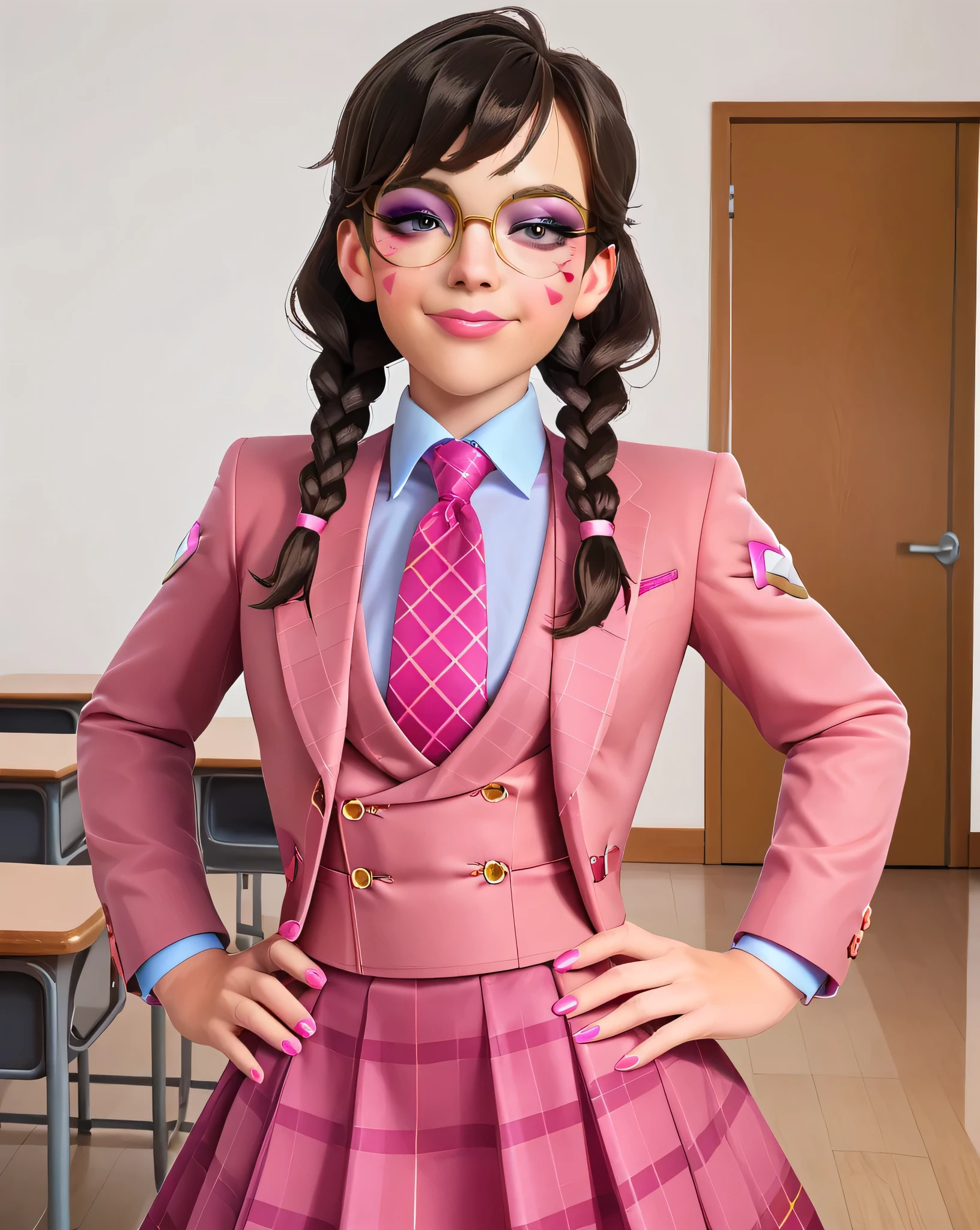 score_9, score_8_up, score_7_up,score_6_up, score_5_up, 2.5d, highly detailed,1girl, solo focus, medium shot , (three-piece suit), ((waistcoat)), suit jacket, blazer, open suit jacket academy dva, glasses , twin braids, classroom background, skirt, necktie, face markings, beautiful face, smile, smug, hands on hips, adult, heavy makeup, pink nails, dark eyeshadow, mascara, pink lipstick, detailed eyes, blush, tie clip, skirt, pink whisker markings, eyeliner, glittery eyeshadow